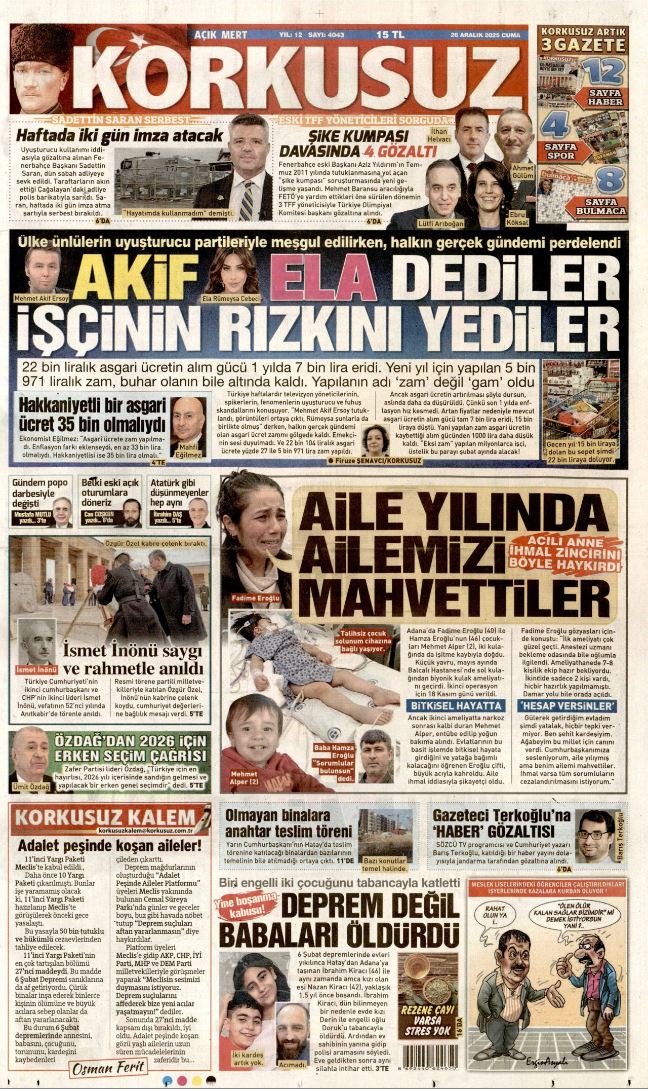 KORKUSUZ gazetesinin 26 Aralık 2025 tarihli birinci sayfası