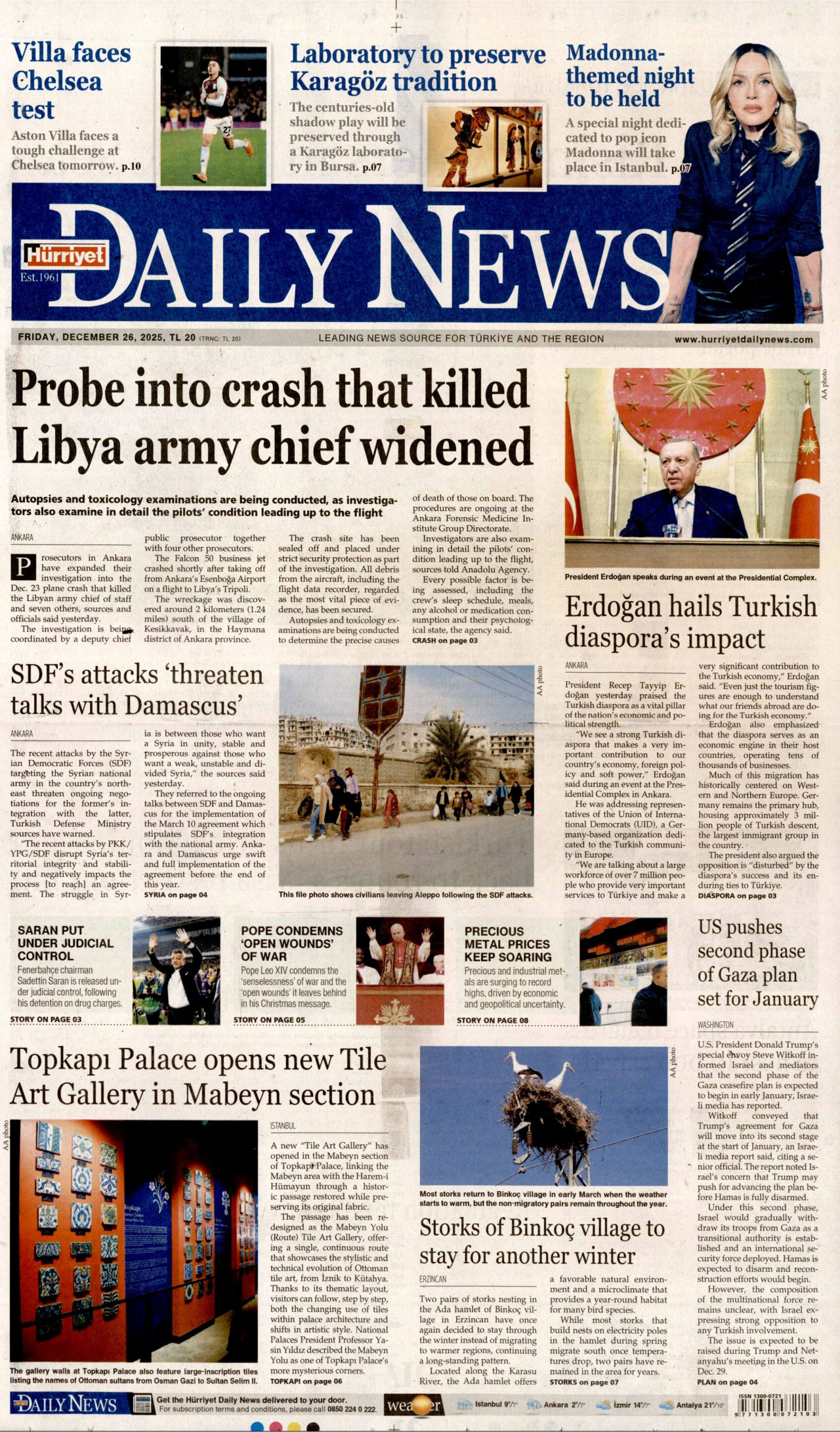 HÜRRİYET DAİLY NEWS gazetesinin 26 Aralık 2025 tarihli birinci sayfası