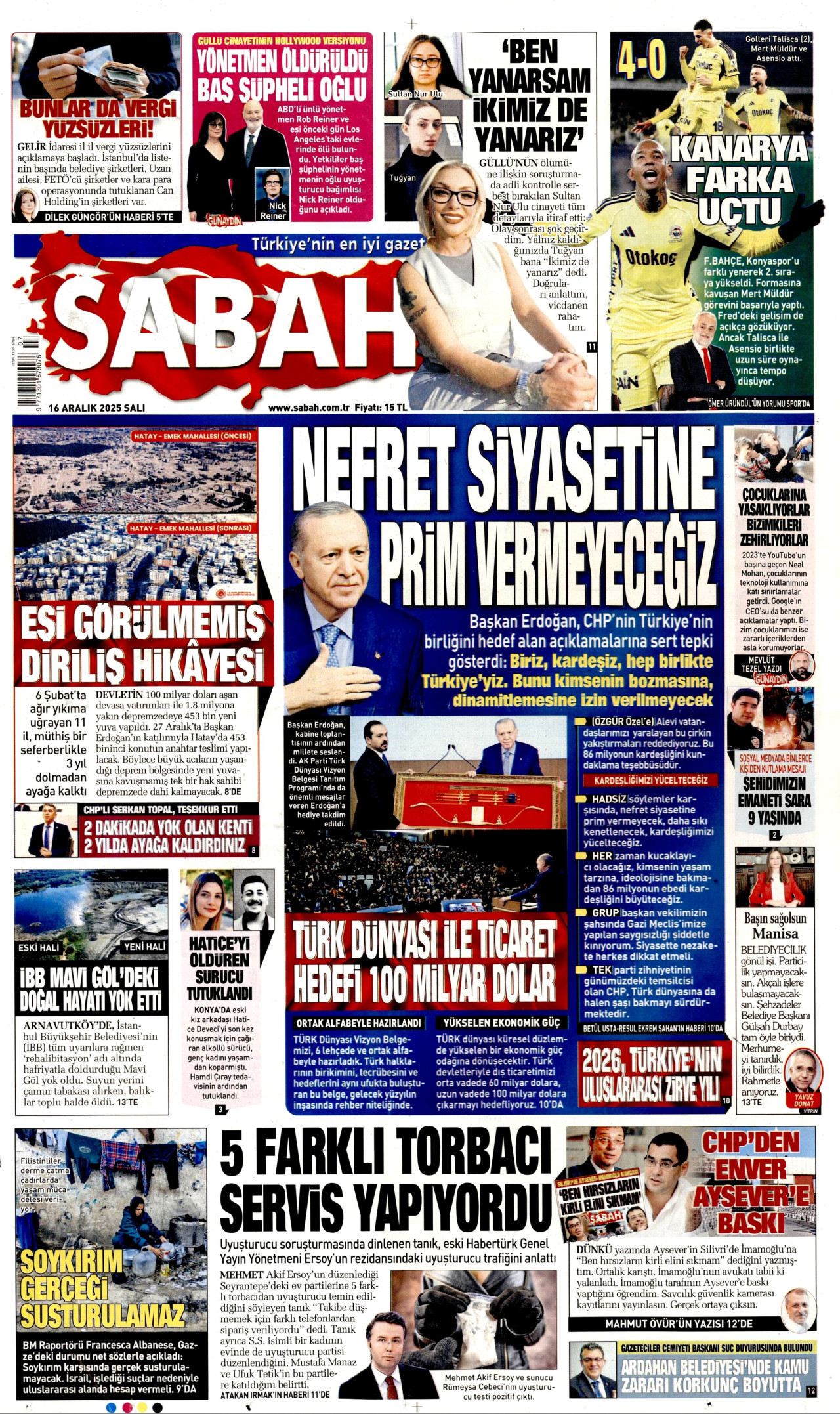 SABAH gazetesinin 16 Aralık 2025 tarihli birinci sayfası