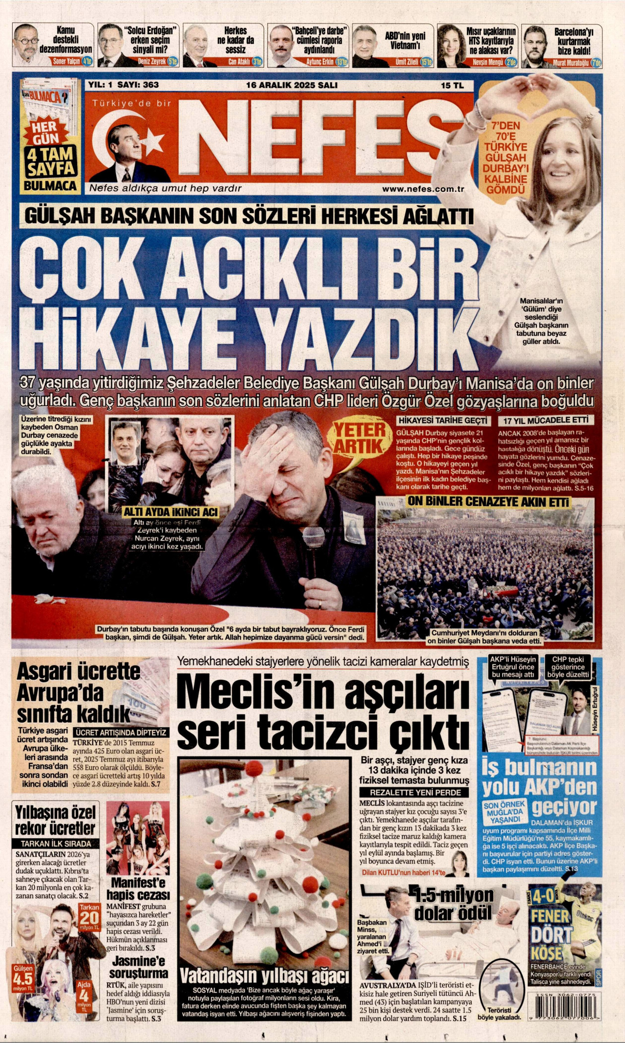 NEFES gazetesinin 16 Aralık 2025 tarihli birinci sayfası