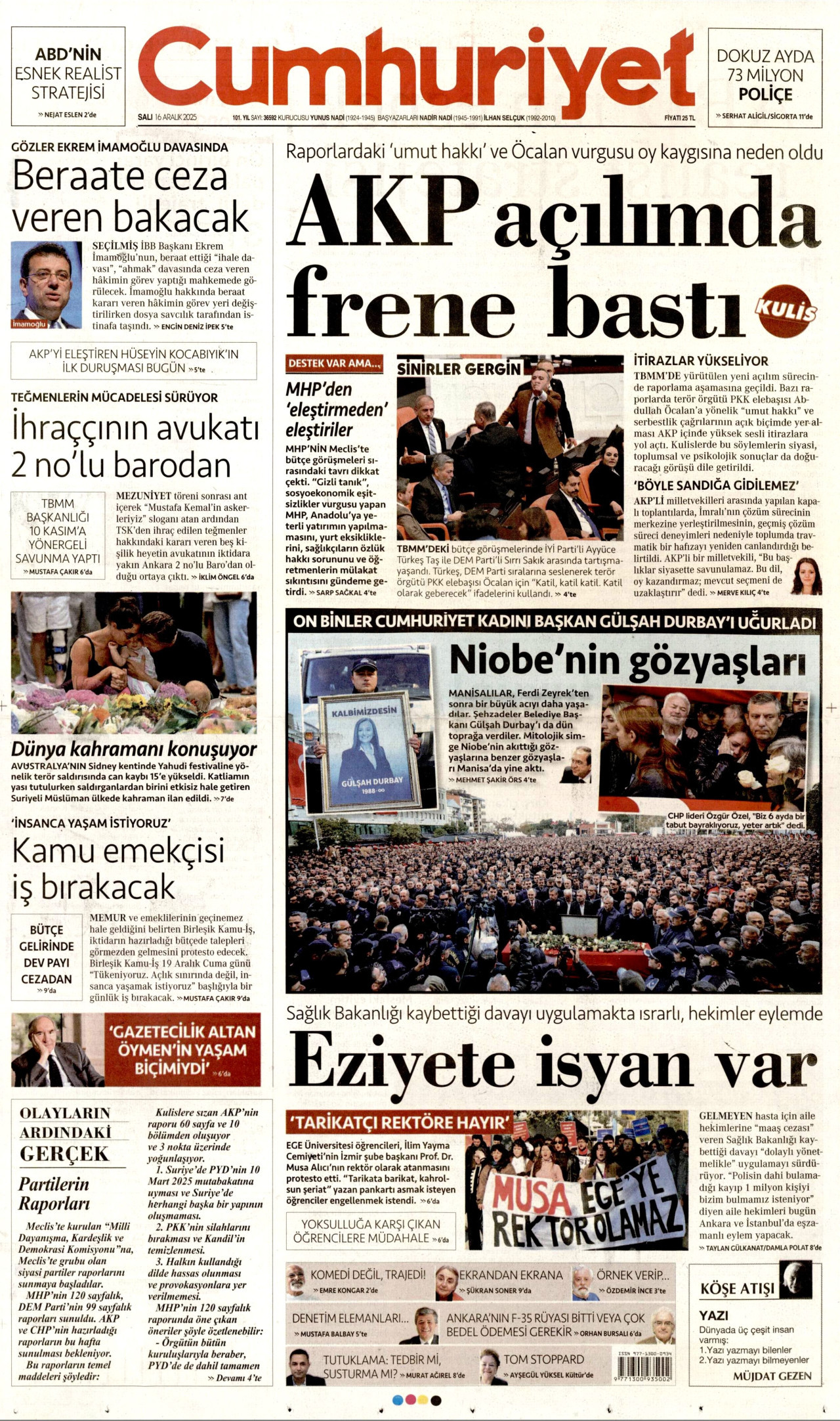 CUMHURİYET gazetesinin 16 Aralık 2025 tarihli birinci sayfası