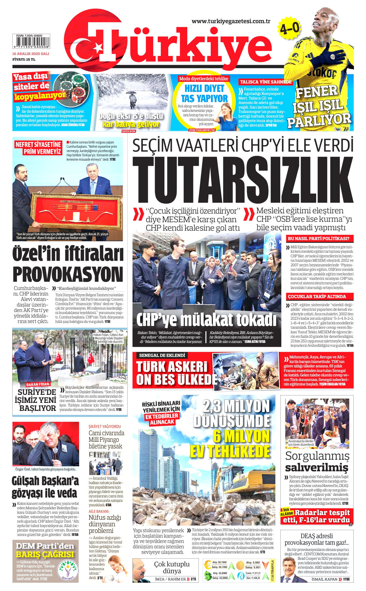 TÜRKİYE GAZETESİ gazetesinin 16 Aralık 2025 tarihli birinci sayfası