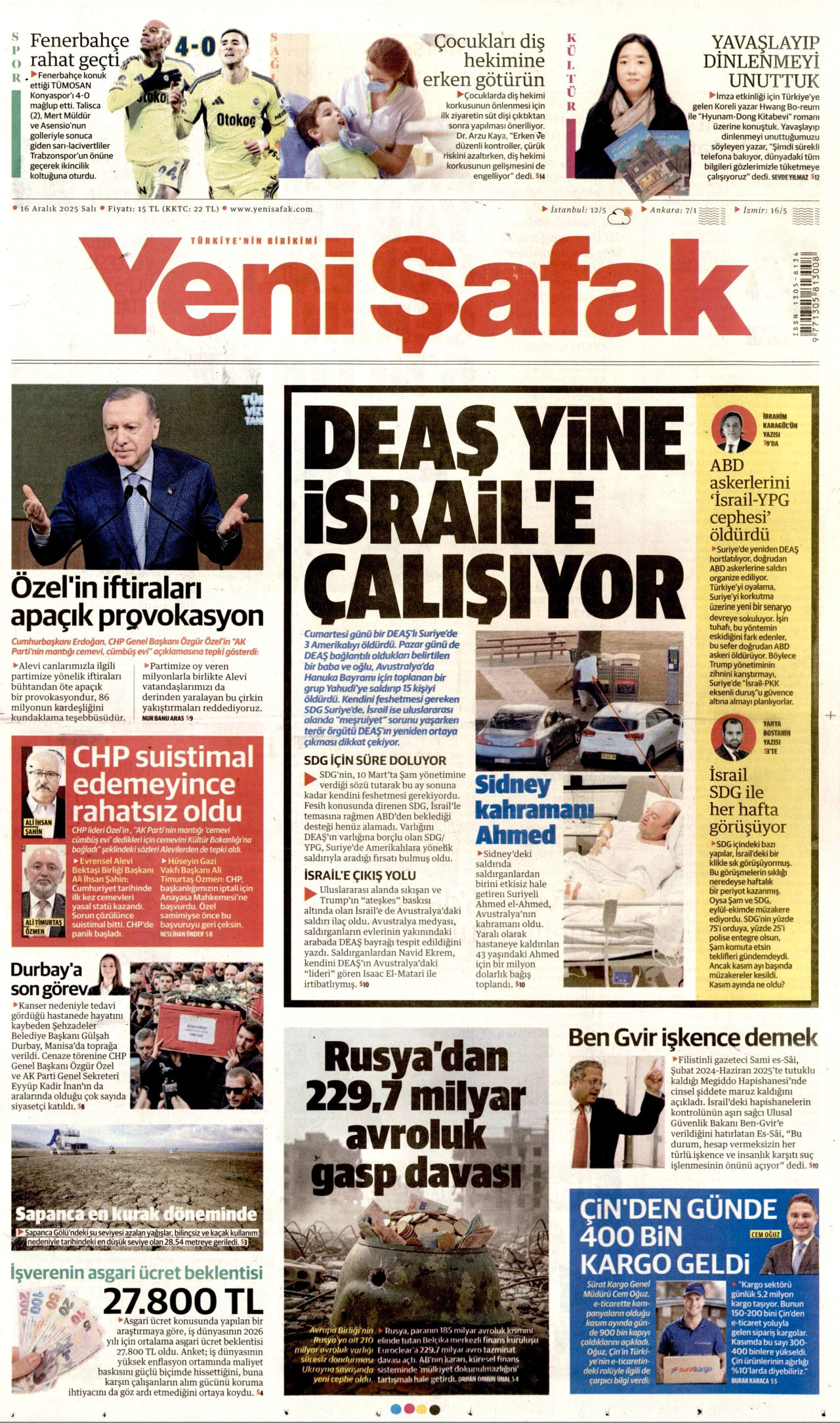 YENİ ŞAFAK gazetesinin 16 Aralık 2025 tarihli birinci sayfası