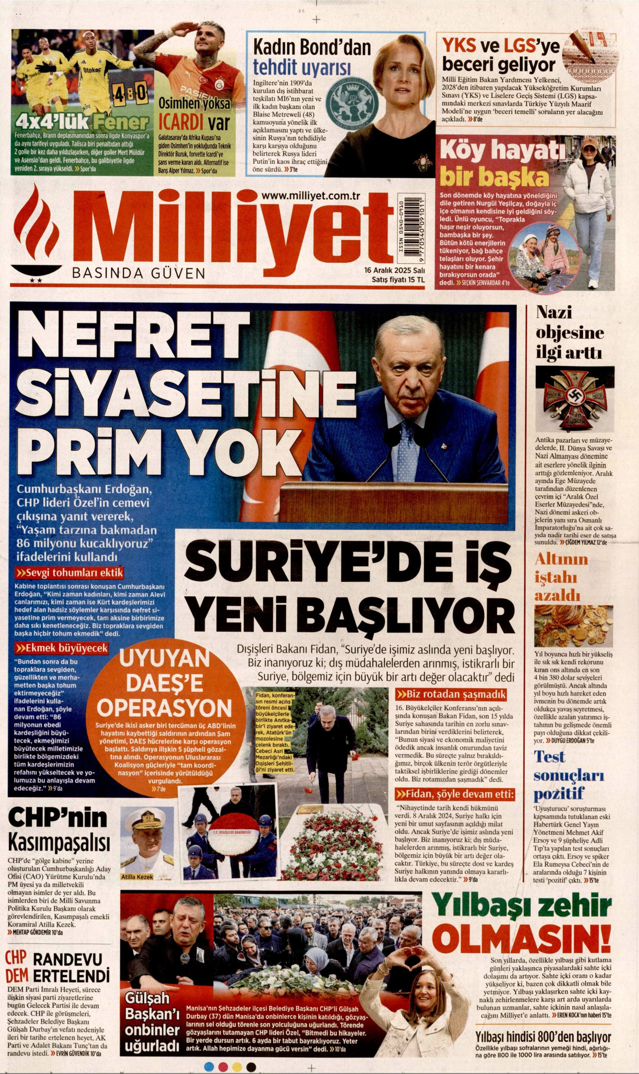 MİLLİYET gazetesinin 16 Aralık 2025 tarihli birinci sayfası