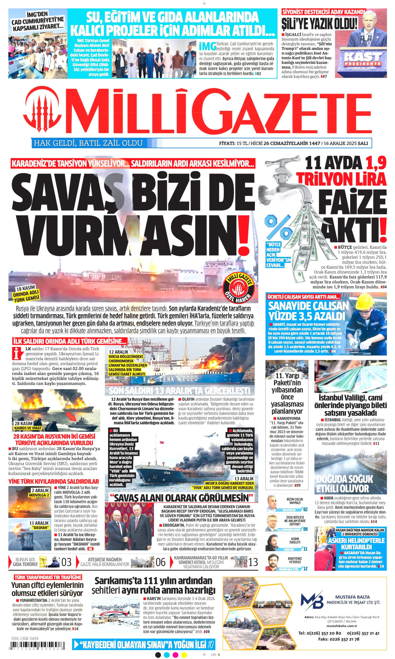 MİLLİ GAZETE gazetesinin 16 Aralık 2025 tarihli birinci sayfası