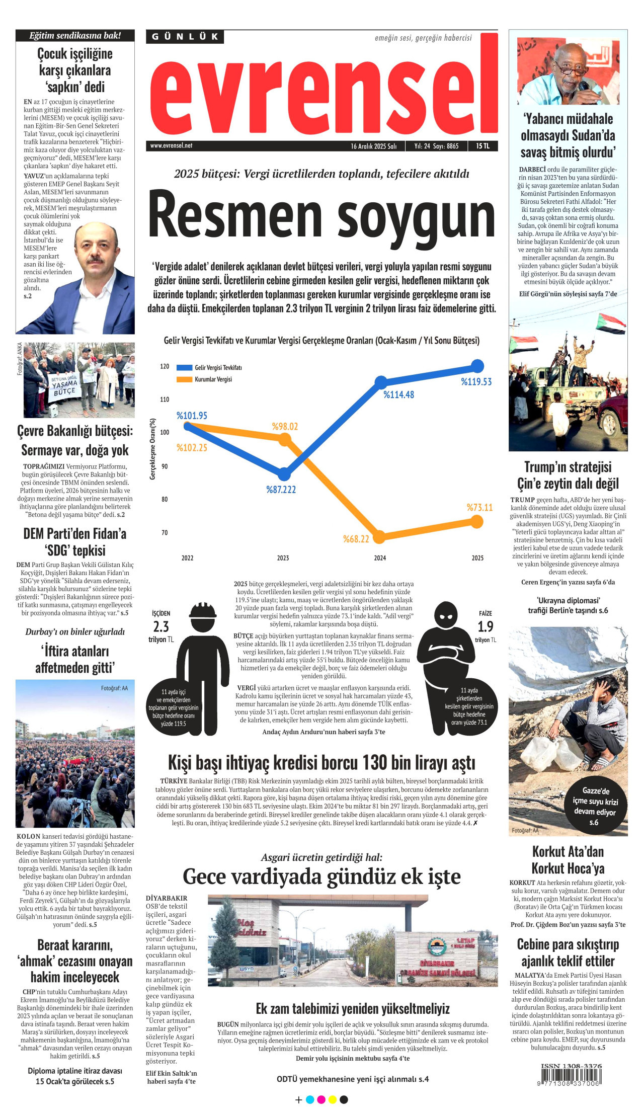 EVRENSEL gazetesinin 16 Aralık 2025 tarihli birinci sayfası