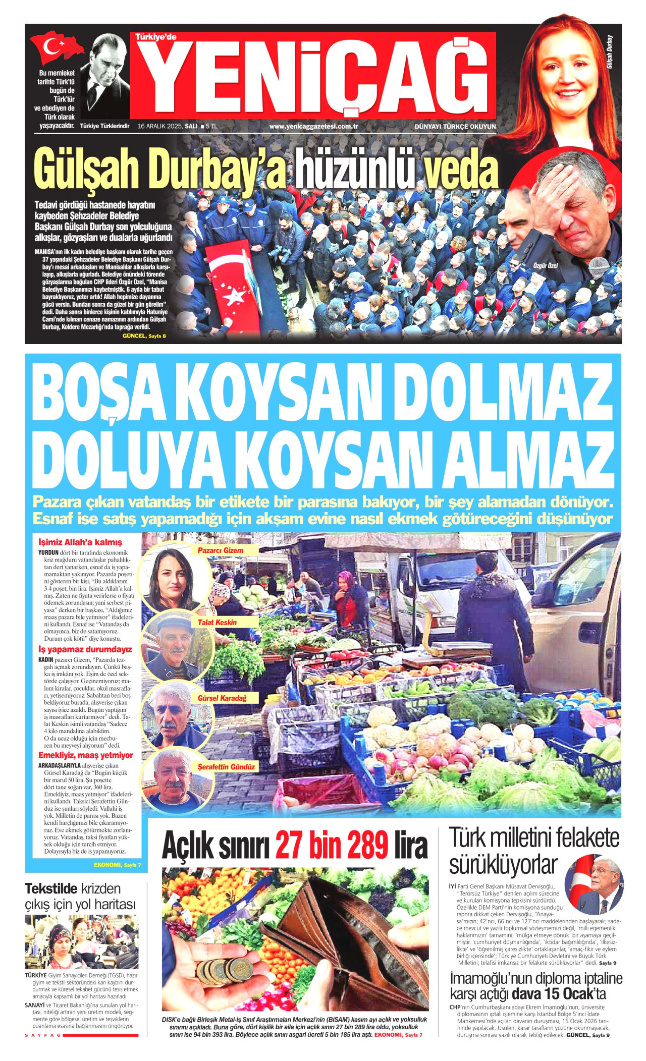 YENİÇAĞ gazetesinin 16 Aralık 2025 tarihli birinci sayfası
