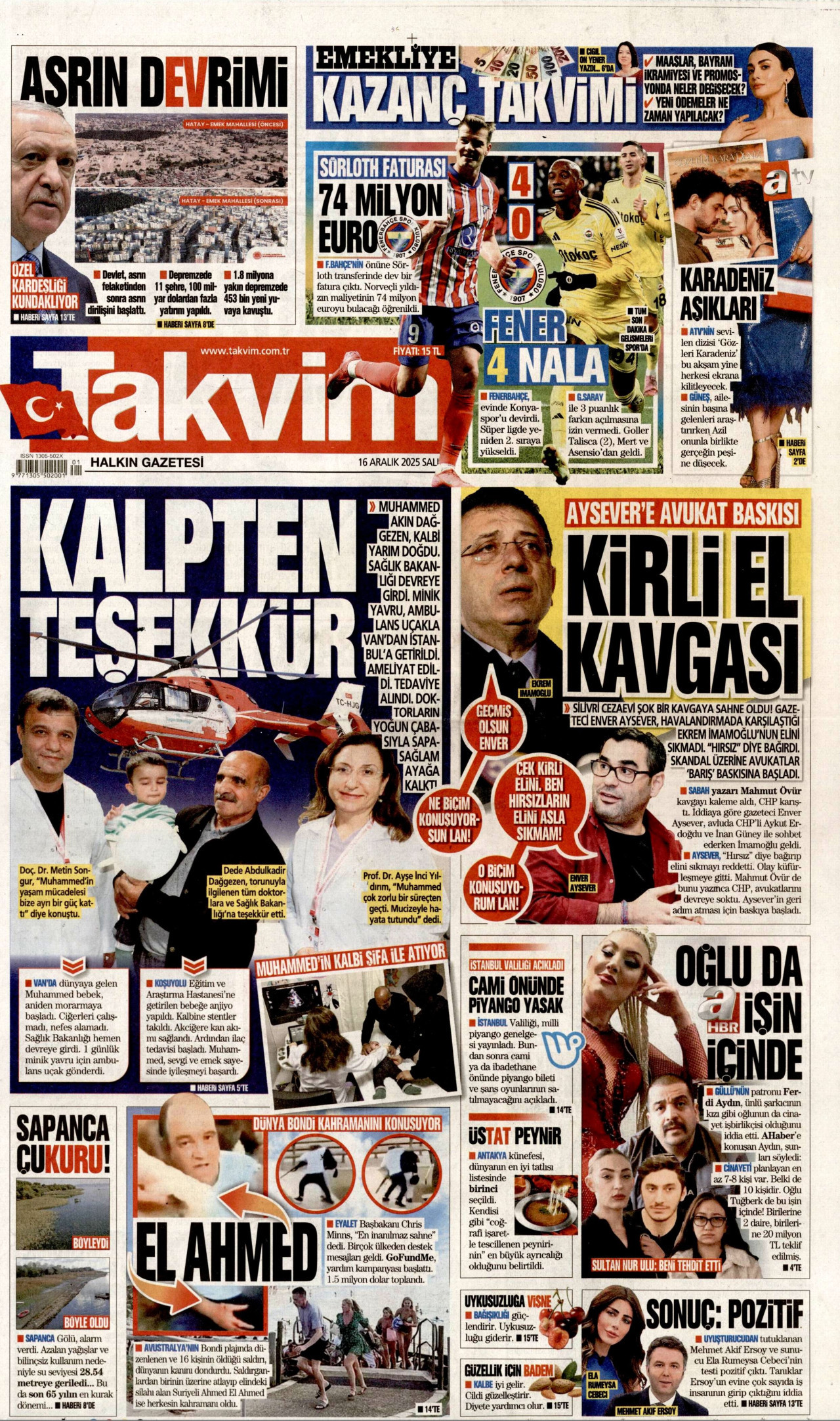 TAKVİM gazetesinin 16 Aralık 2025 tarihli birinci sayfası