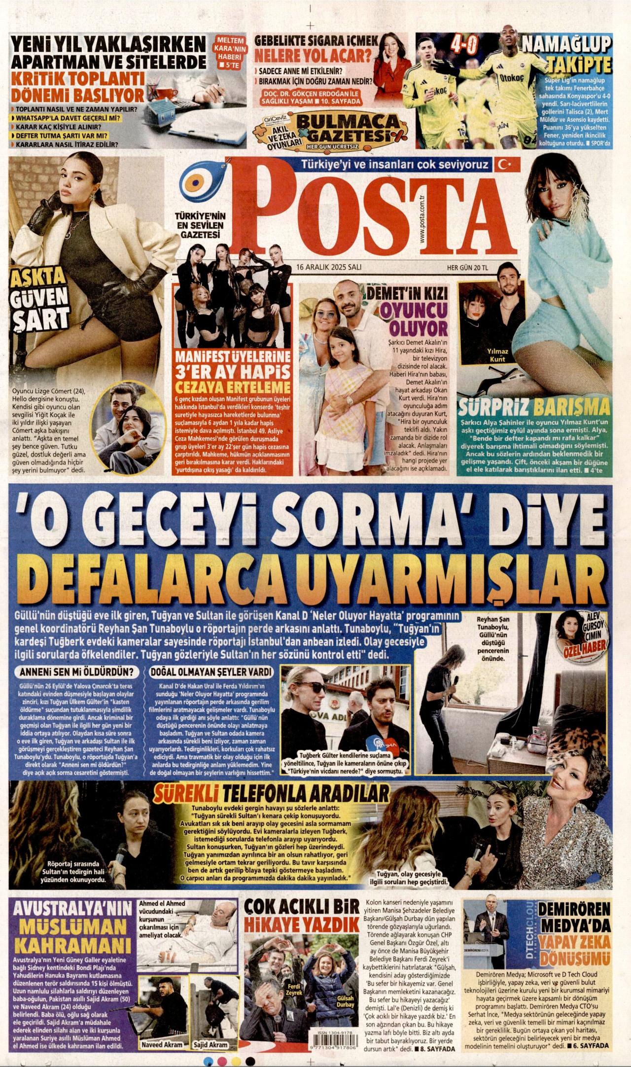 POSTA gazetesinin 16 Aralık 2025 tarihli birinci sayfası