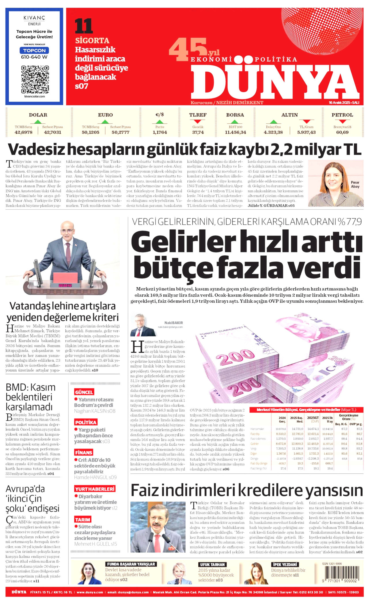 DÜNYA gazetesinin 16 Aralık 2025 tarihli birinci sayfası