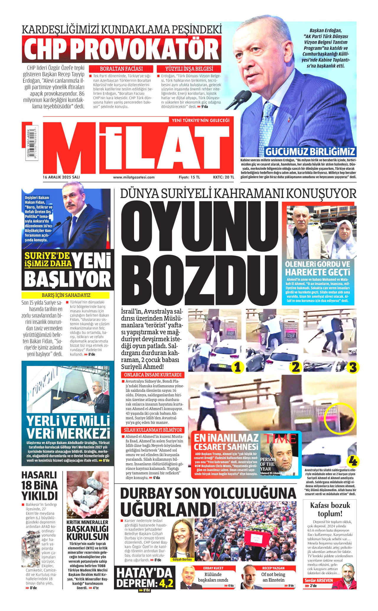MİLAT gazetesinin 16 Aralık 2025 tarihli birinci sayfası