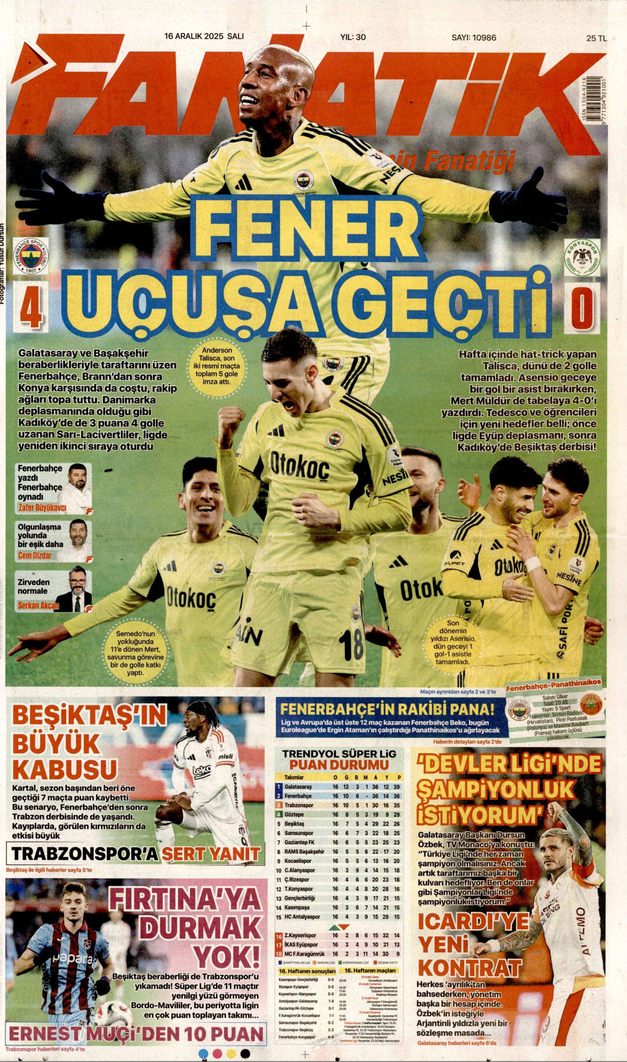 FANATİK gazetesinin 16 Aralık 2025 tarihli birinci sayfası