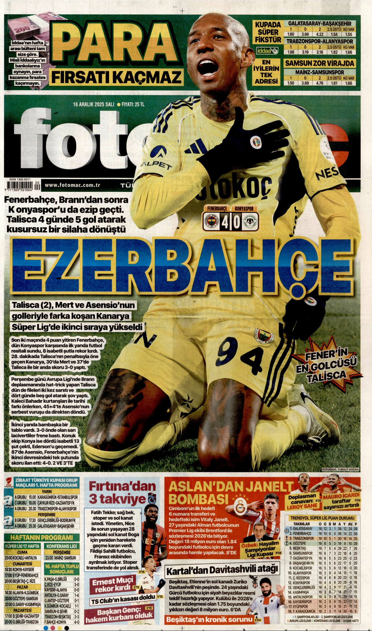 FOTOMAÇ gazetesinin 16 Aralık 2025 tarihli birinci sayfası