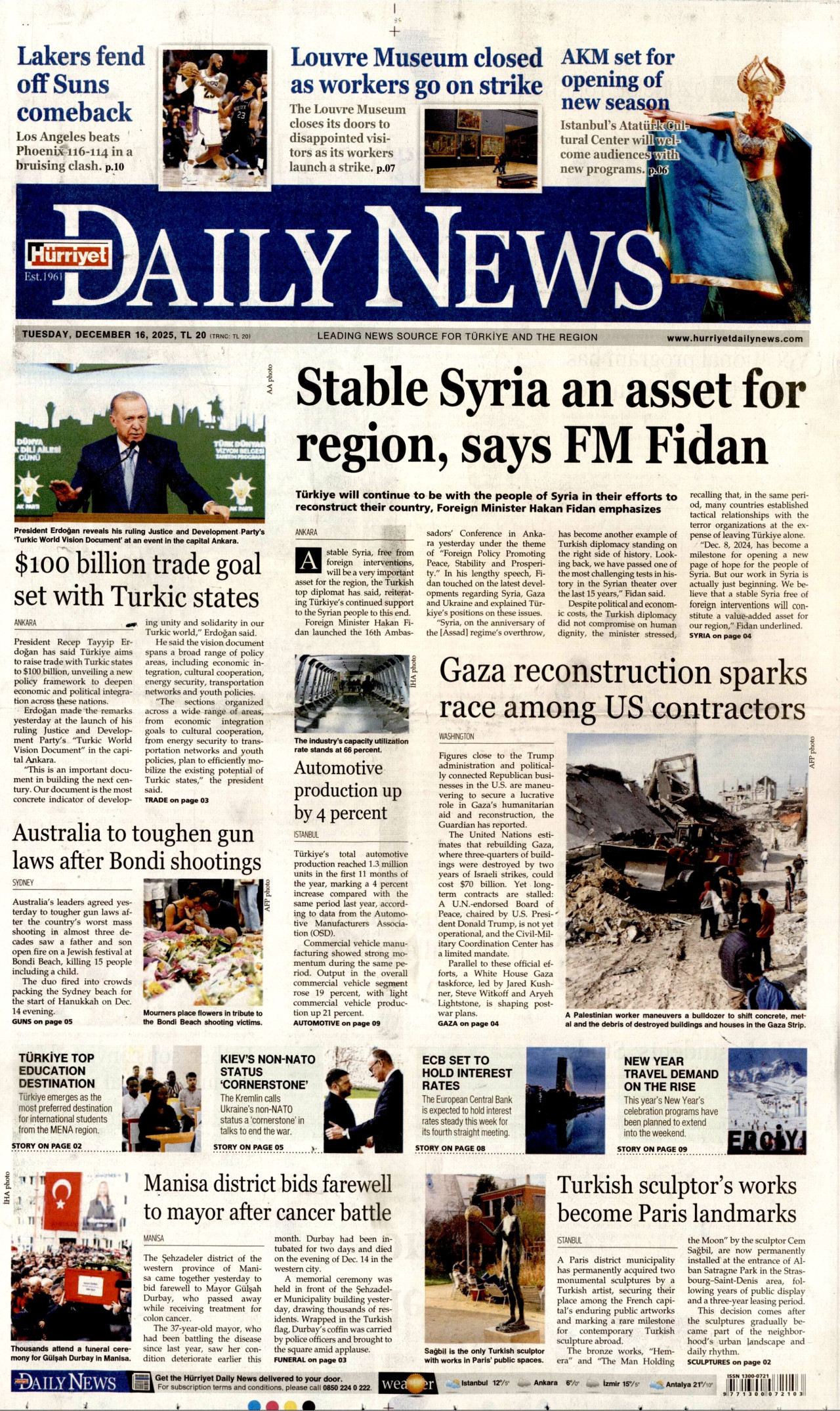 HÜRRİYET DAİLY NEWS gazetesinin 16 Aralık 2025 tarihli birinci sayfası