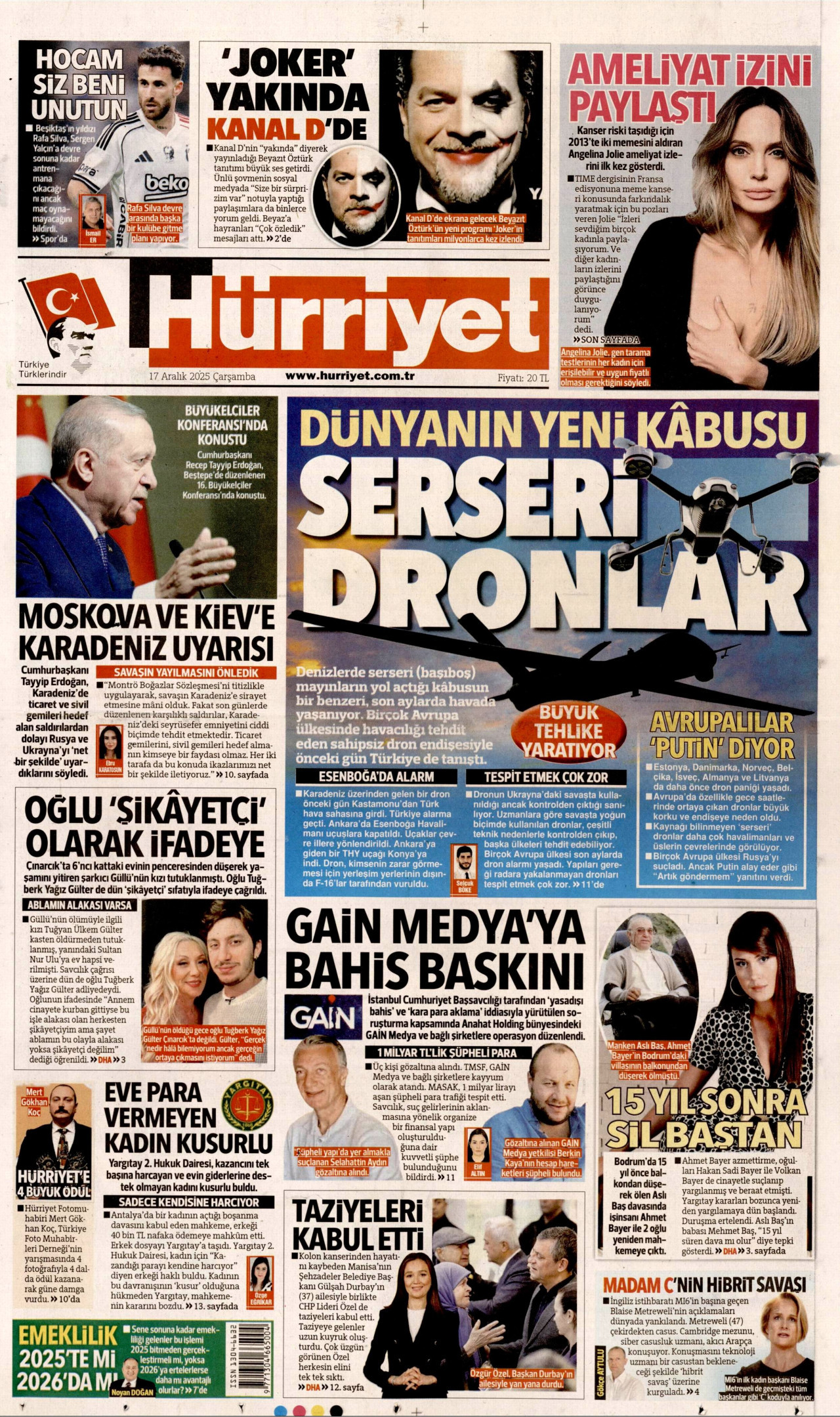 HÜRRİYET gazetesinin 17 Aralık 2025 tarihli birinci sayfası