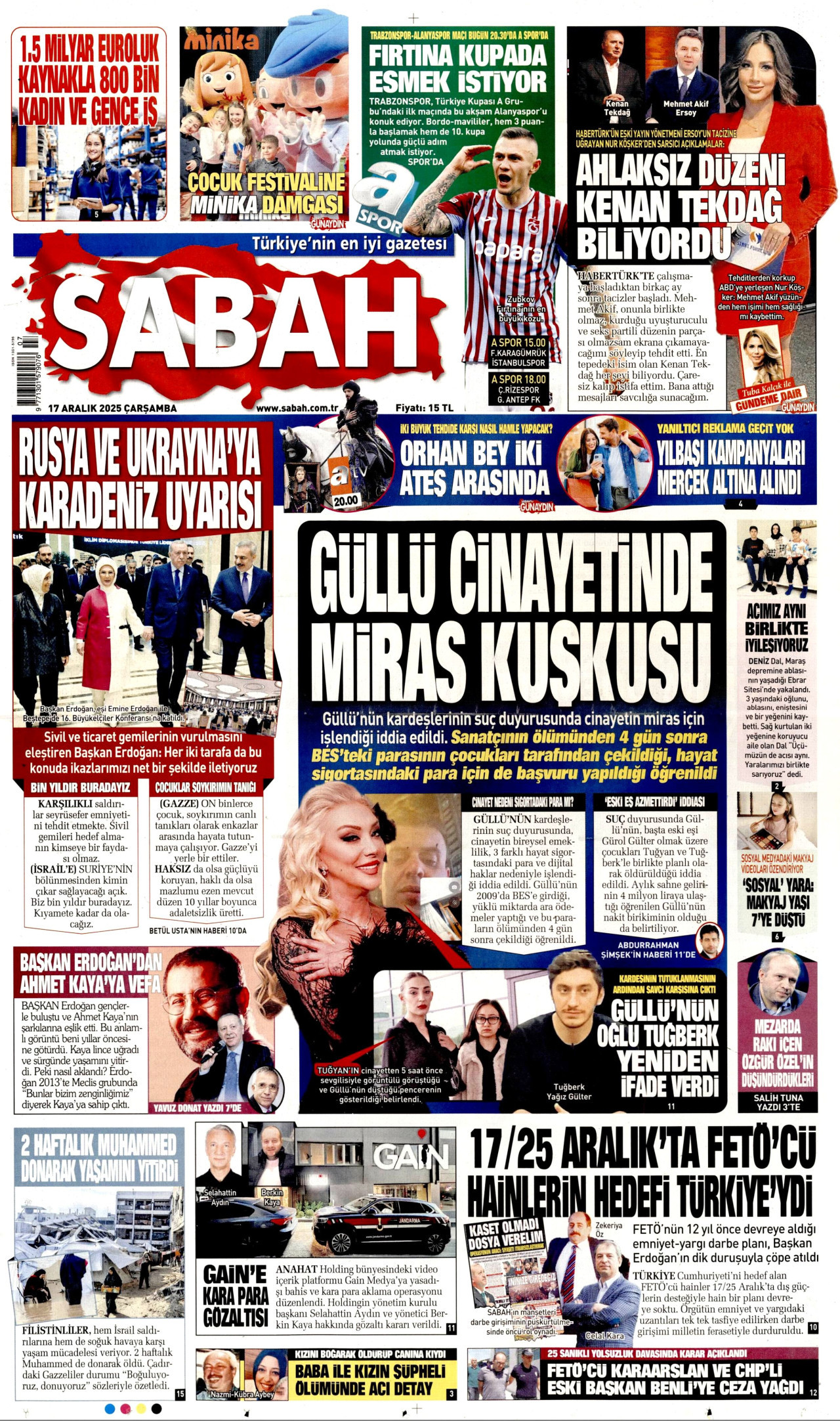SABAH gazetesinin 17 Aralık 2025 tarihli birinci sayfası