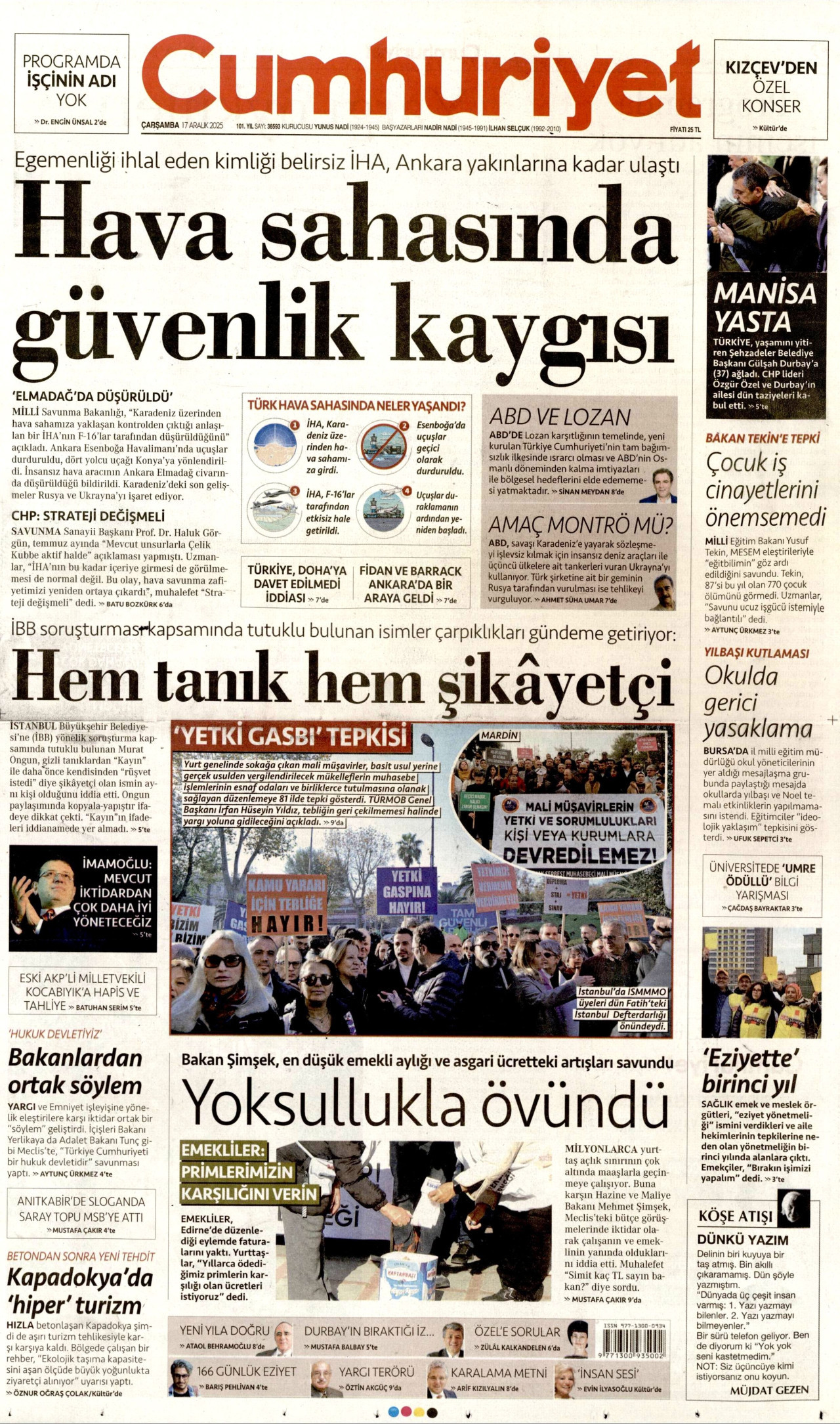 CUMHURİYET gazetesinin 17 Aralık 2025 tarihli birinci sayfası