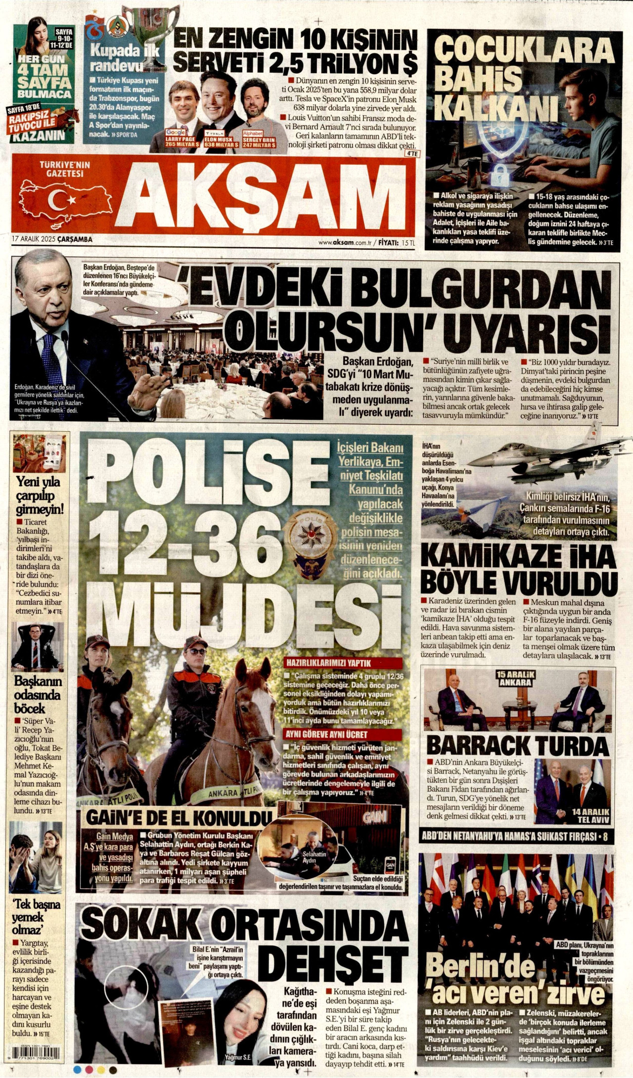 AKŞAM gazetesinin 17 Aralık 2025 tarihli birinci sayfası