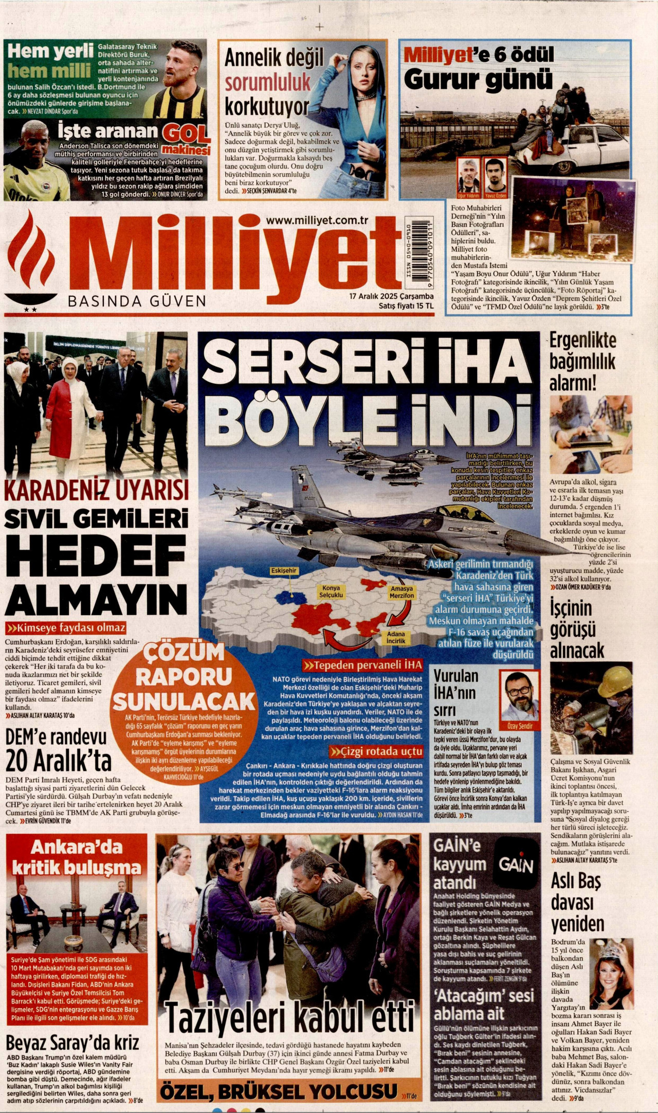MİLLİYET gazetesinin 17 Aralık 2025 tarihli birinci sayfası