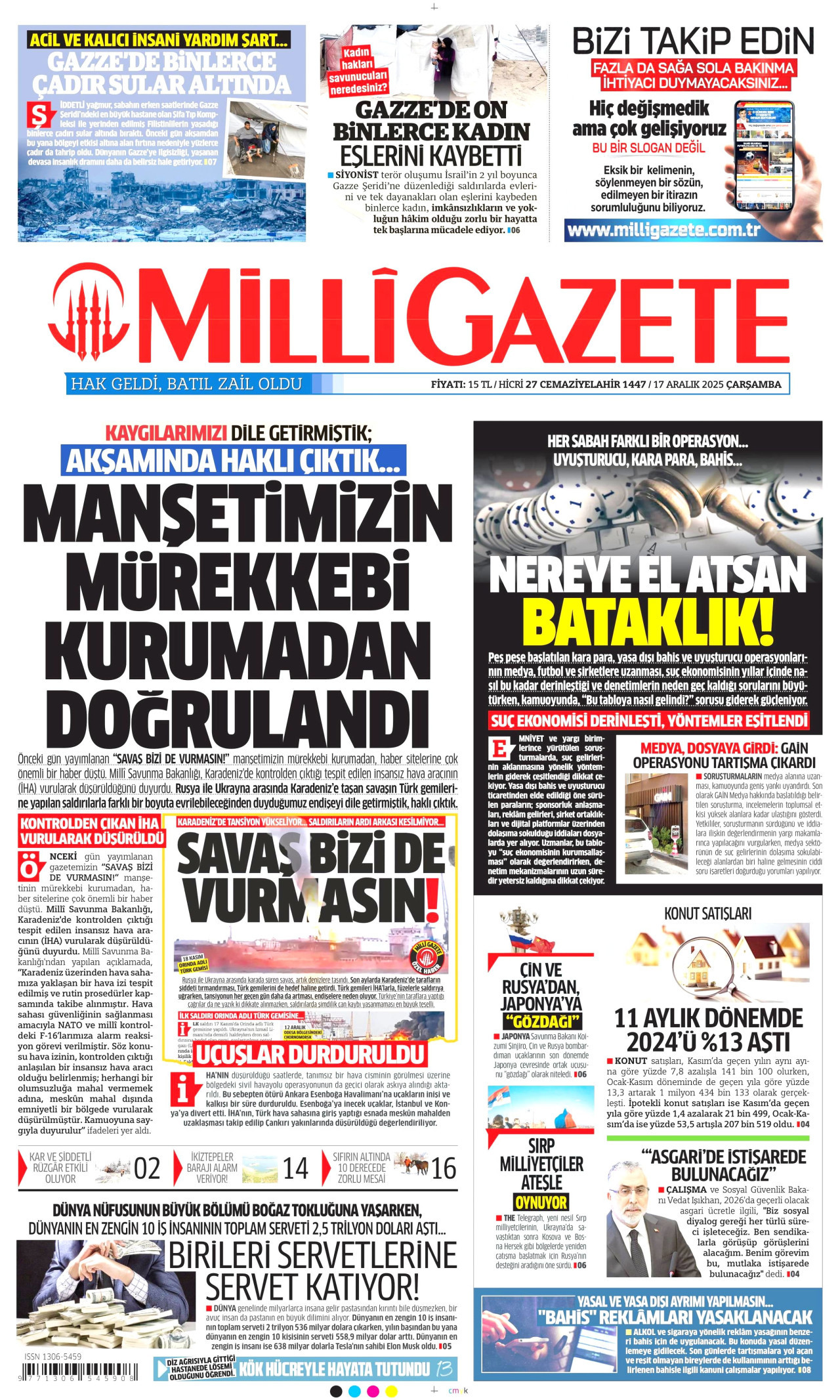 MİLLİ GAZETE gazetesinin 17 Aralık 2025 tarihli birinci sayfası