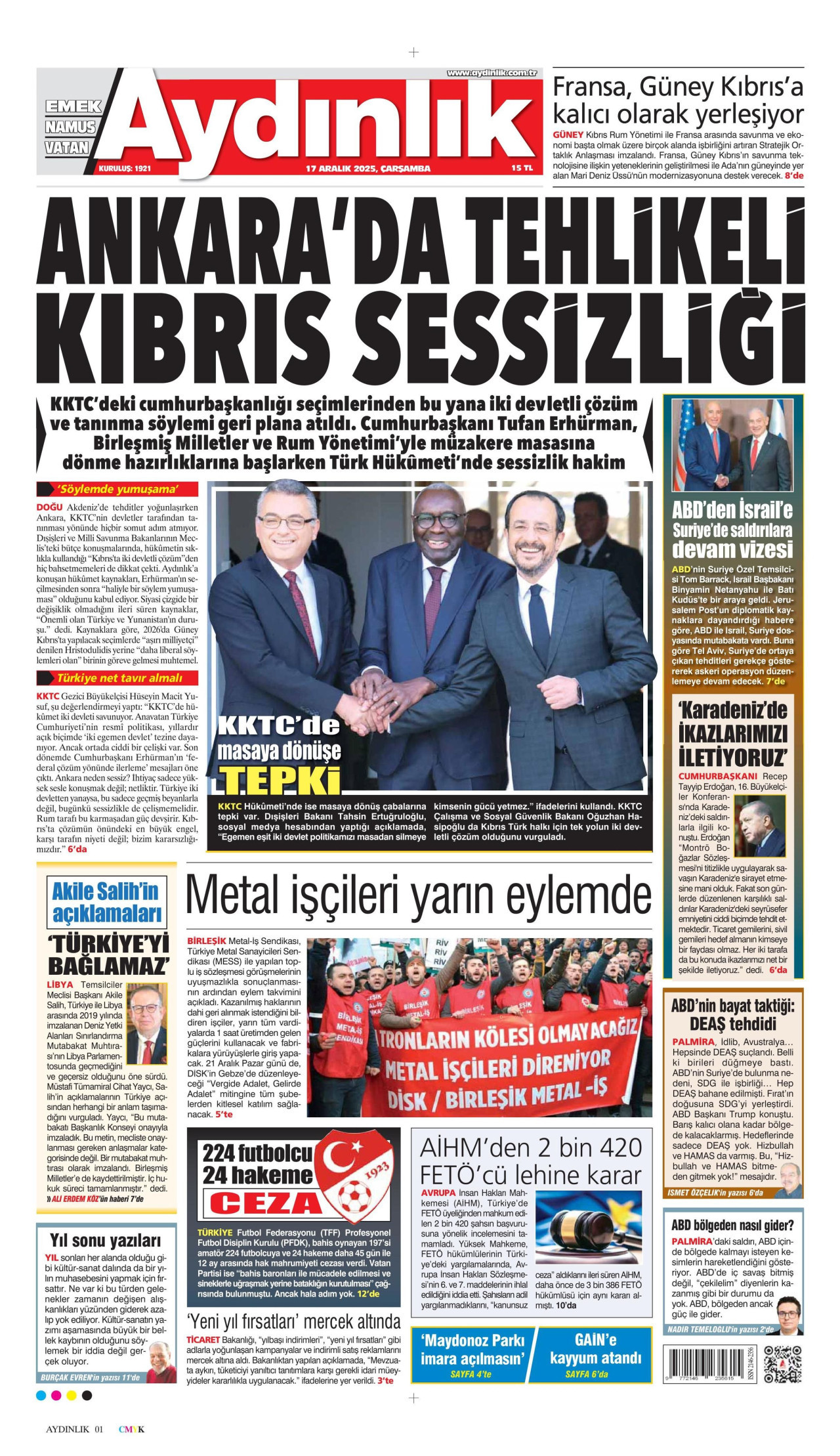AYDINLIK GAZETESİ gazetesinin 17 Aralık 2025 tarihli birinci sayfası