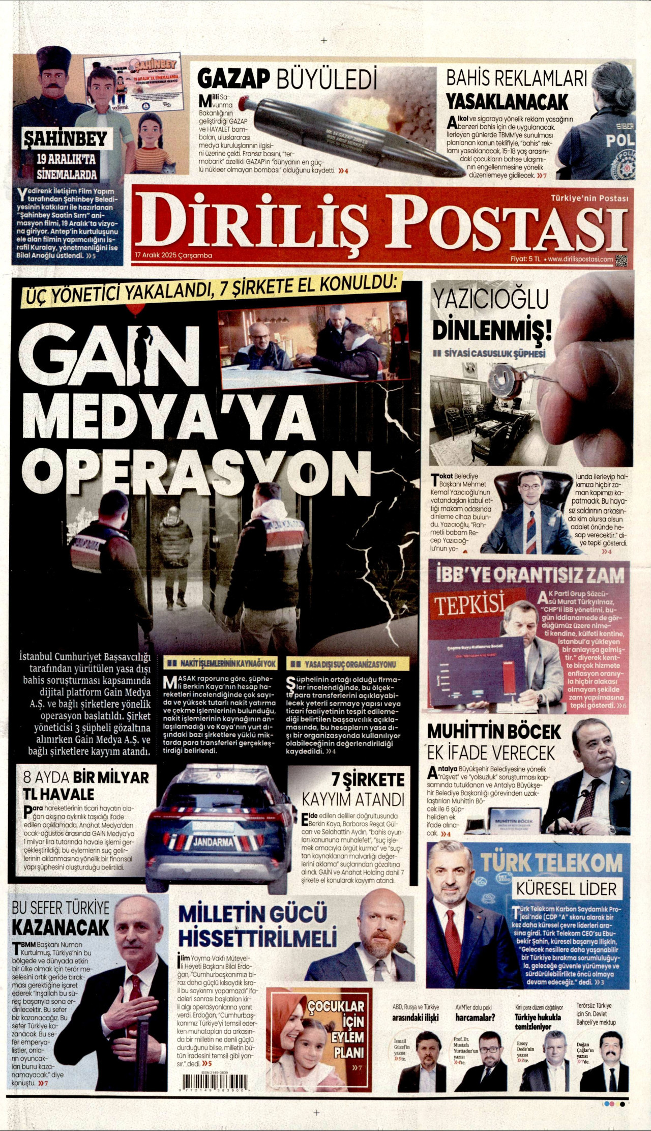 DİRİLİŞ POSTASI gazetesinin 17 Aralık 2025 tarihli birinci sayfası