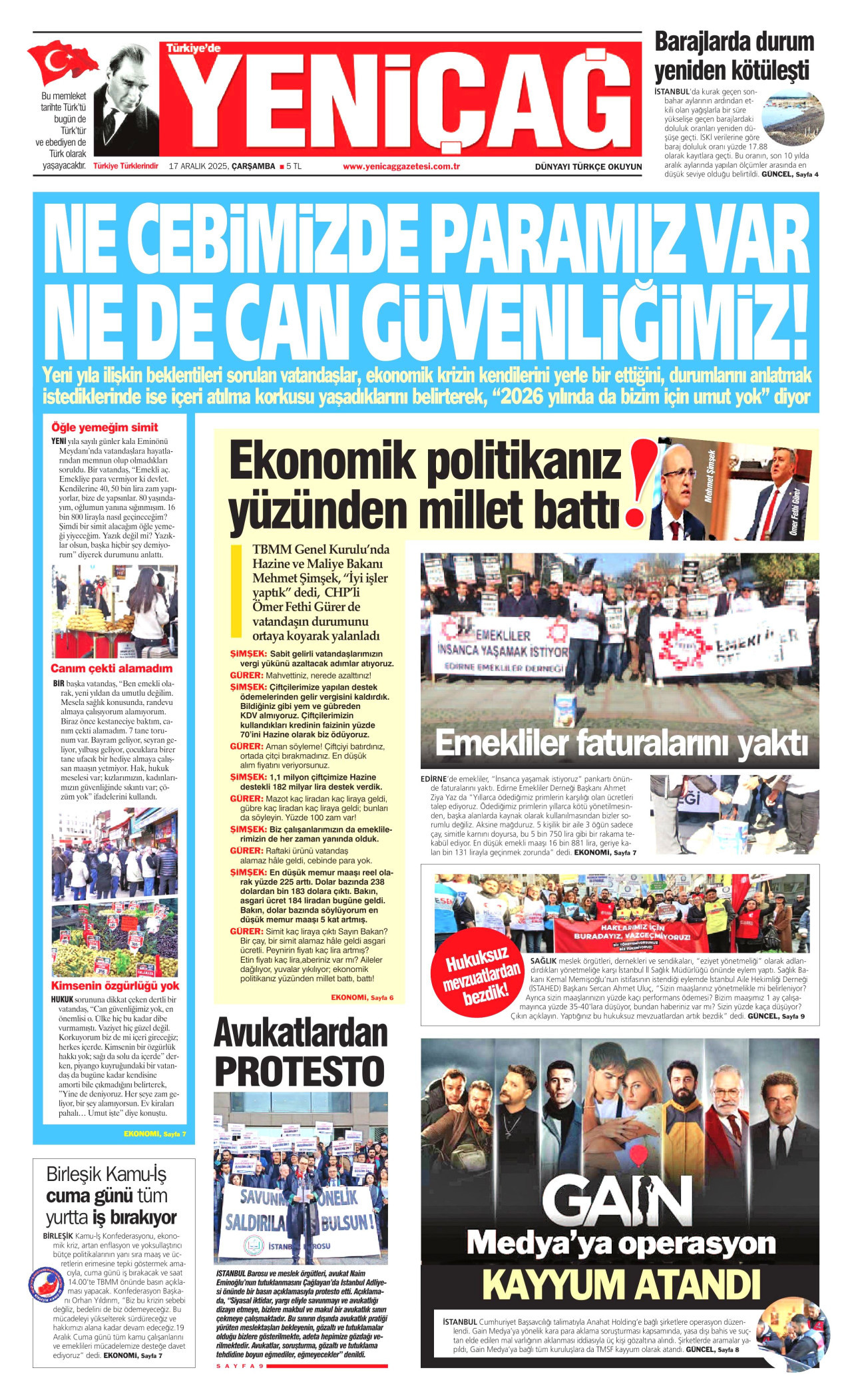 YENİÇAĞ gazetesinin 17 Aralık 2025 tarihli birinci sayfası