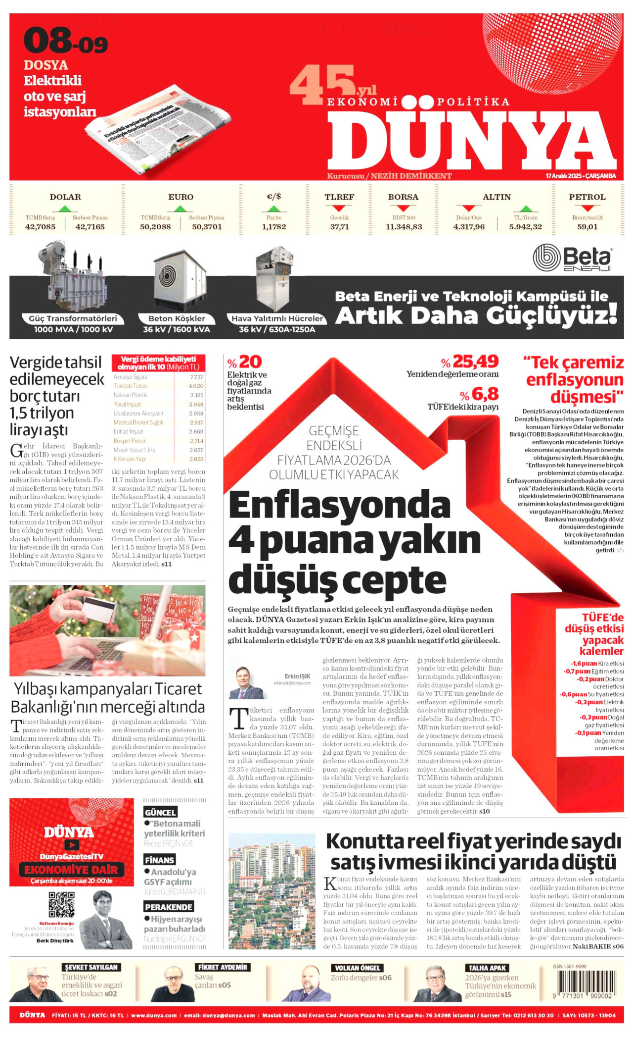 DÜNYA gazetesinin 17 Aralık 2025 tarihli birinci sayfası