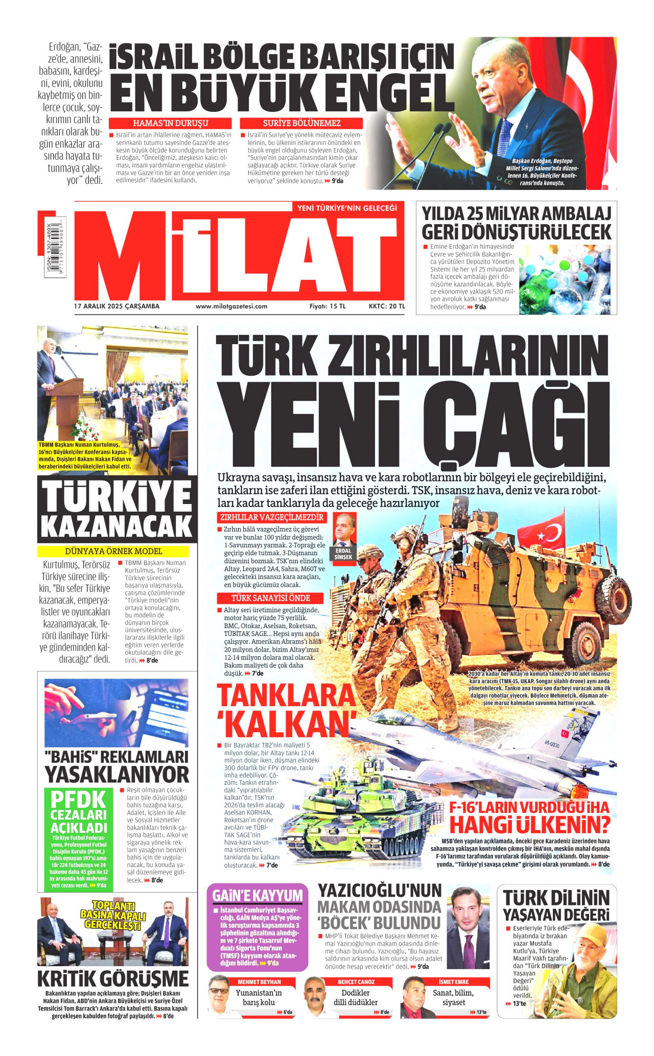 MİLAT gazetesinin 17 Aralık 2025 tarihli birinci sayfası