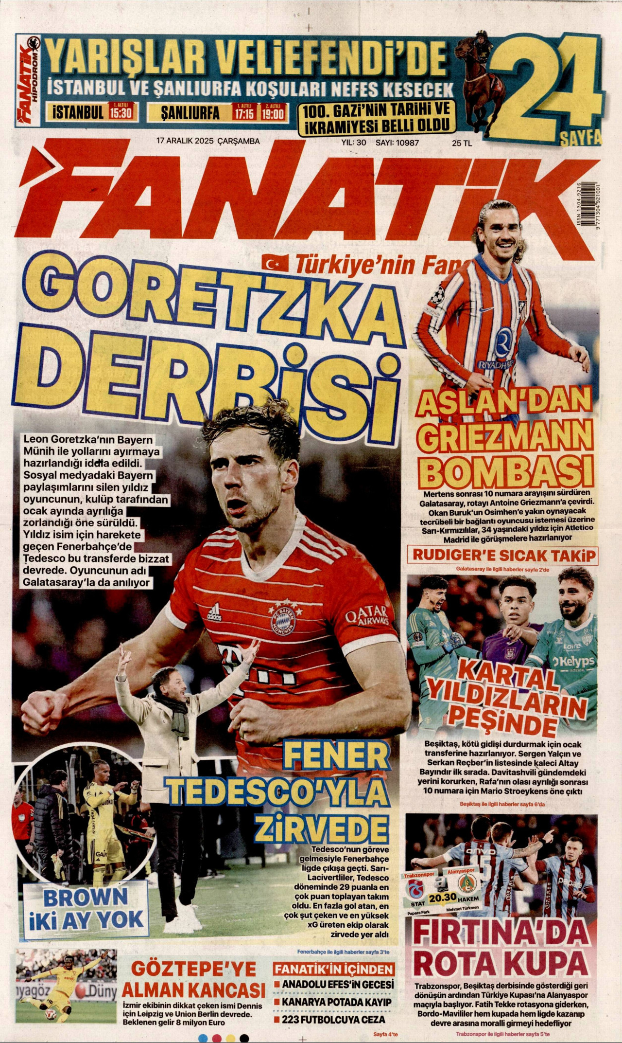 FANATİK gazetesinin 17 Aralık 2025 tarihli birinci sayfası