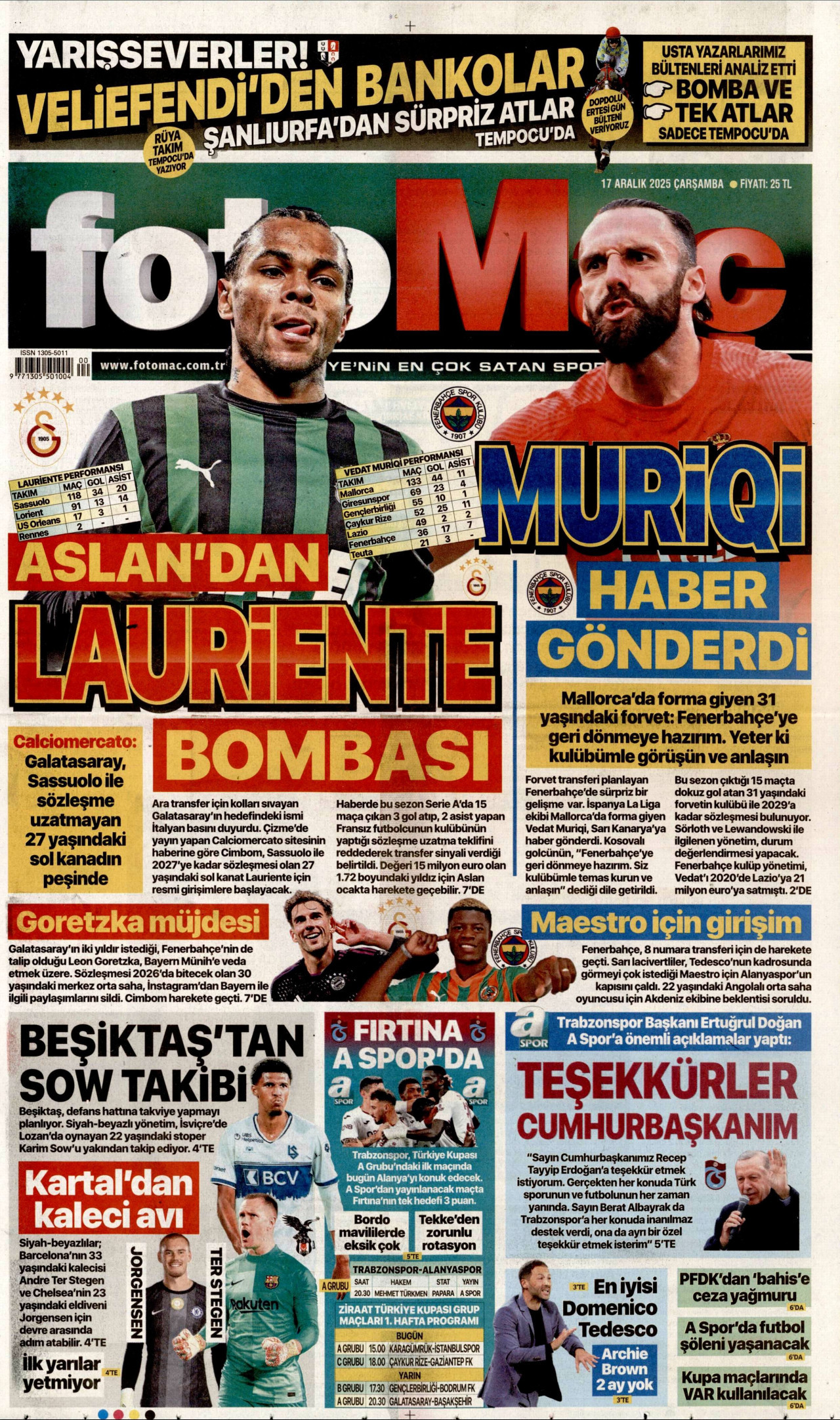 FOTOMAÇ gazetesinin 17 Aralık 2025 tarihli birinci sayfası