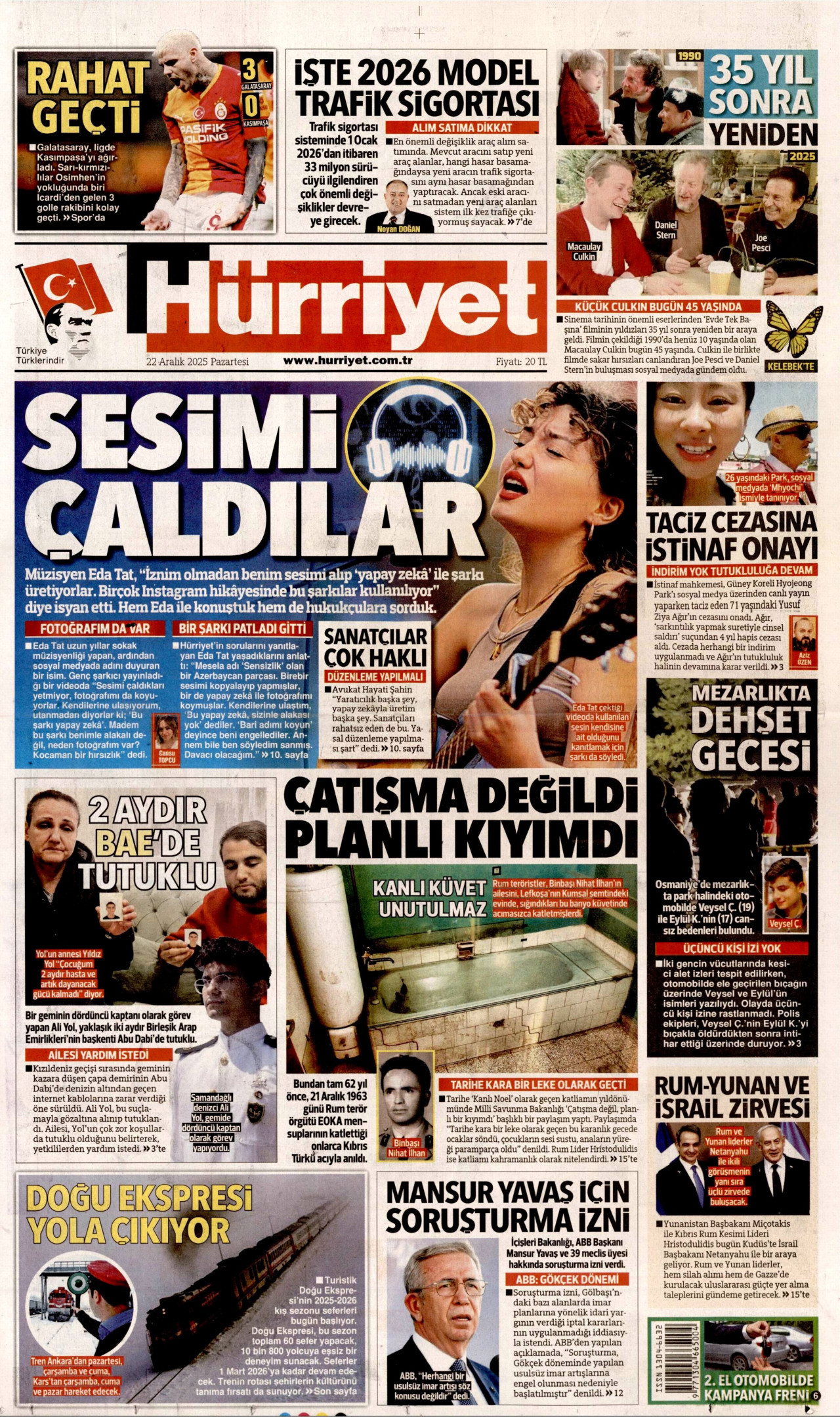 HÜRRİYET gazetesinin 22 Aralık 2025 tarihli birinci sayfası