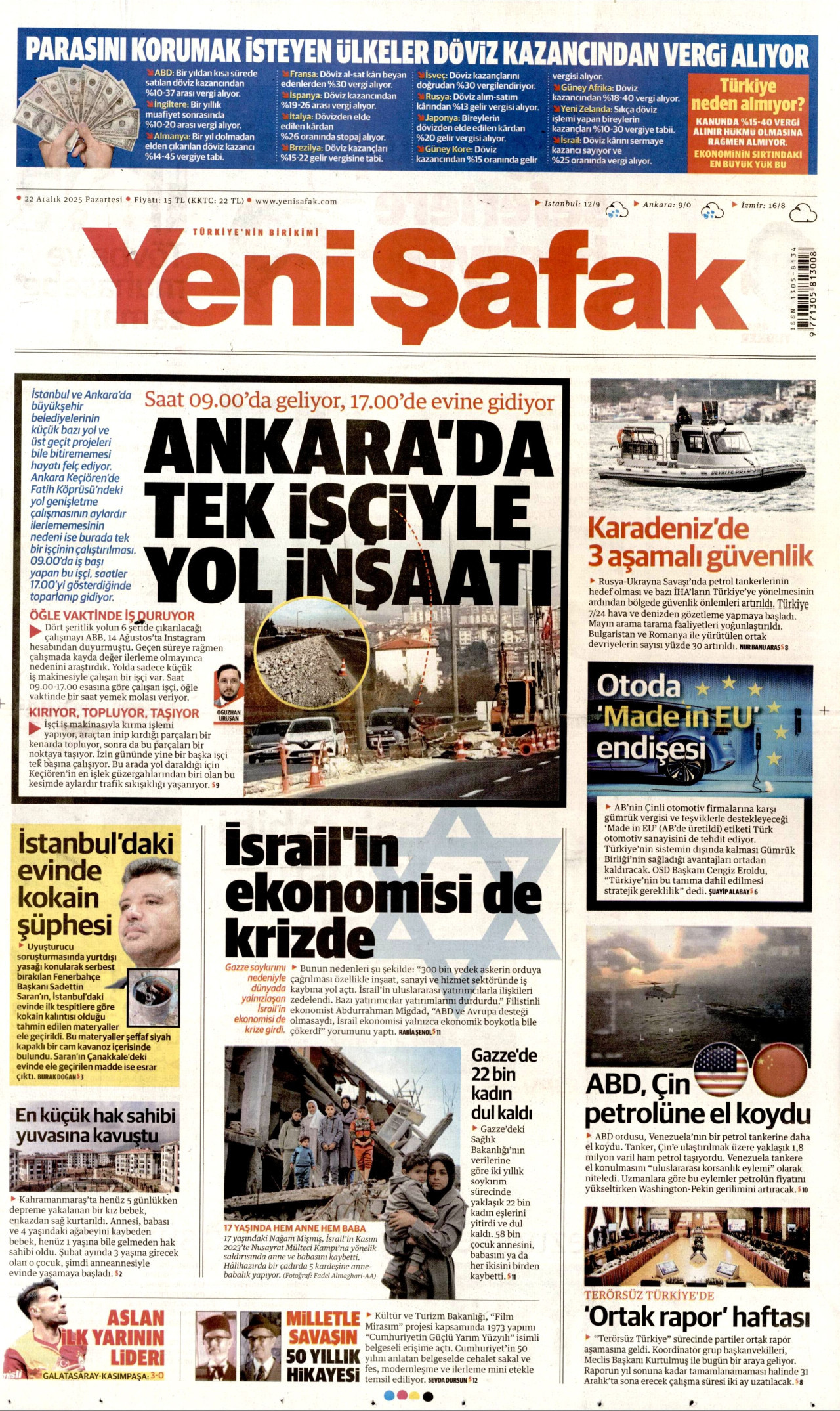 YENİ ŞAFAK gazetesinin 22 Aralık 2025 tarihli birinci sayfası
