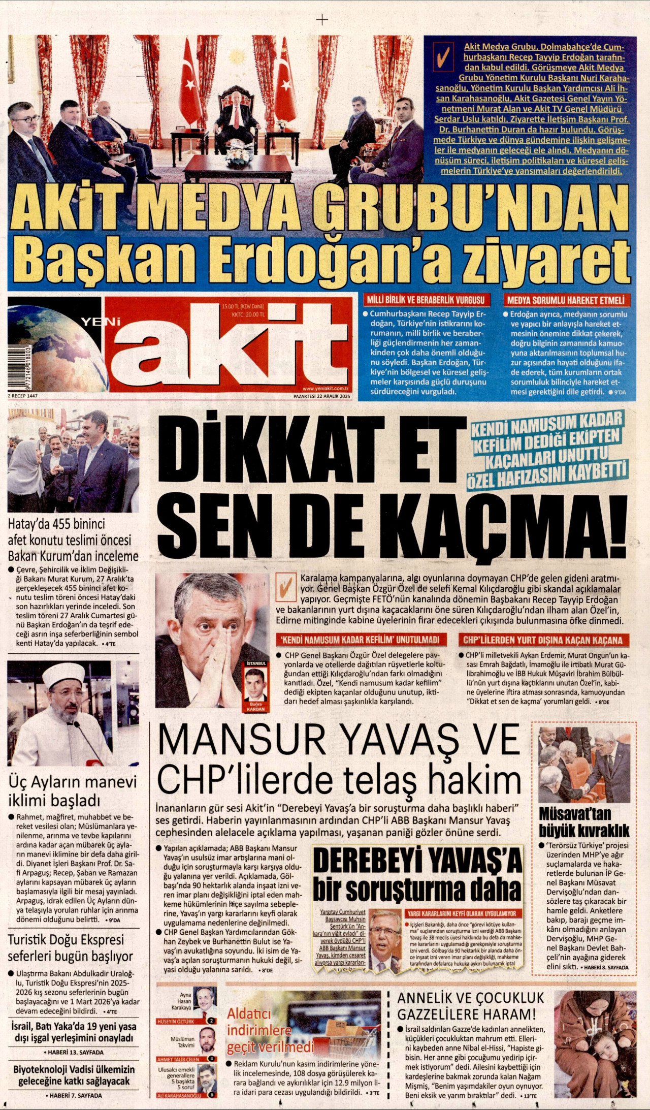 YENİ AKİT gazetesinin 22 Aralık 2025 tarihli birinci sayfası