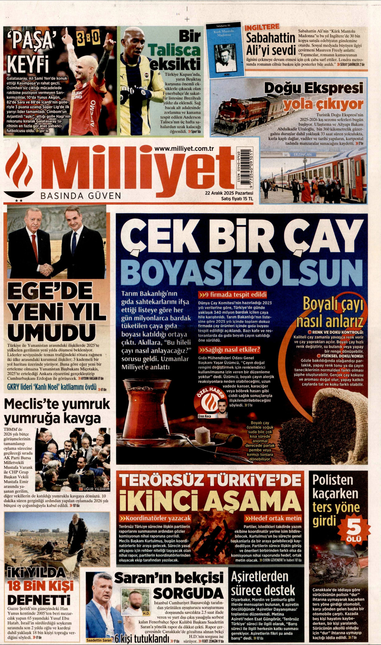 MİLLİYET gazetesinin 22 Aralık 2025 tarihli birinci sayfası