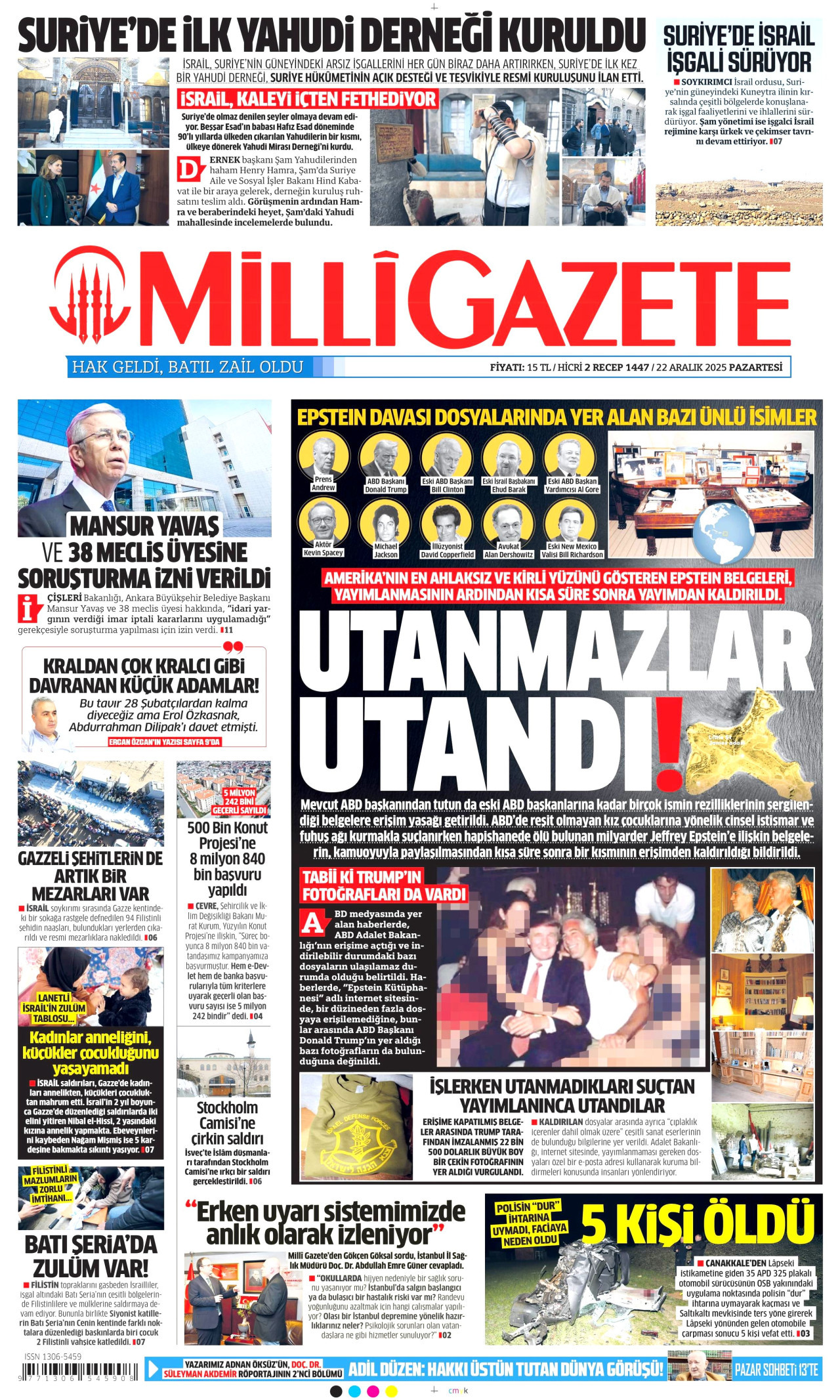 MİLLİ GAZETE gazetesinin 22 Aralık 2025 tarihli birinci sayfası