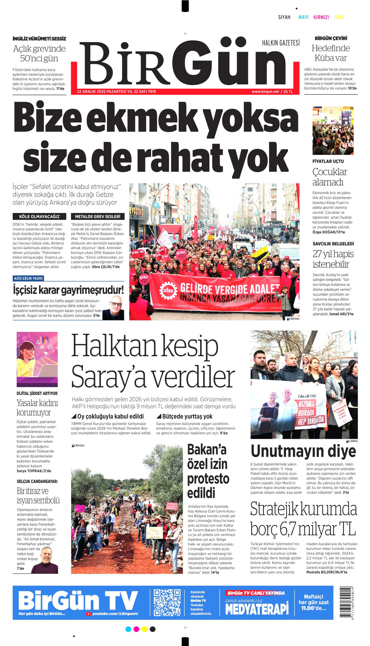 BİRGÜN gazetesinin 22 Aralık 2025 tarihli birinci sayfası