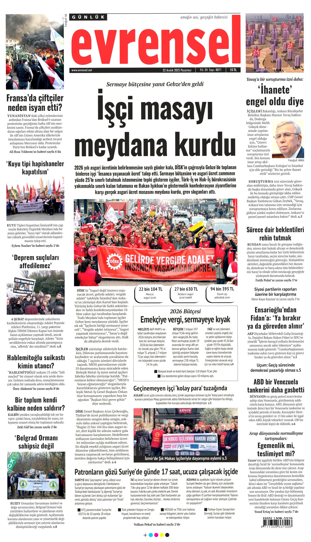 EVRENSEL gazetesinin 22 Aralık 2025 tarihli birinci sayfası
