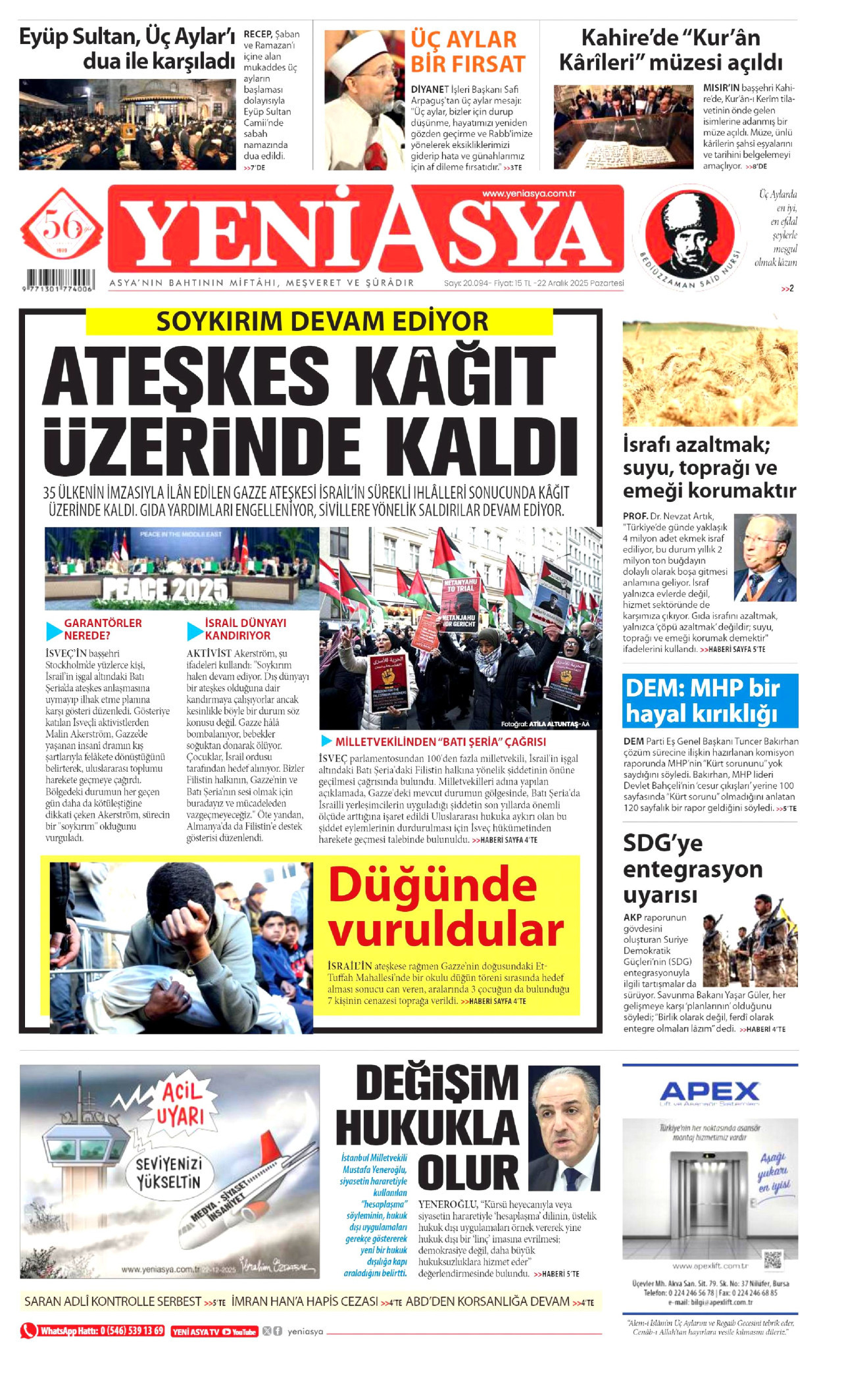 YENİ ASYA gazetesinin 22 Aralık 2025 tarihli birinci sayfası