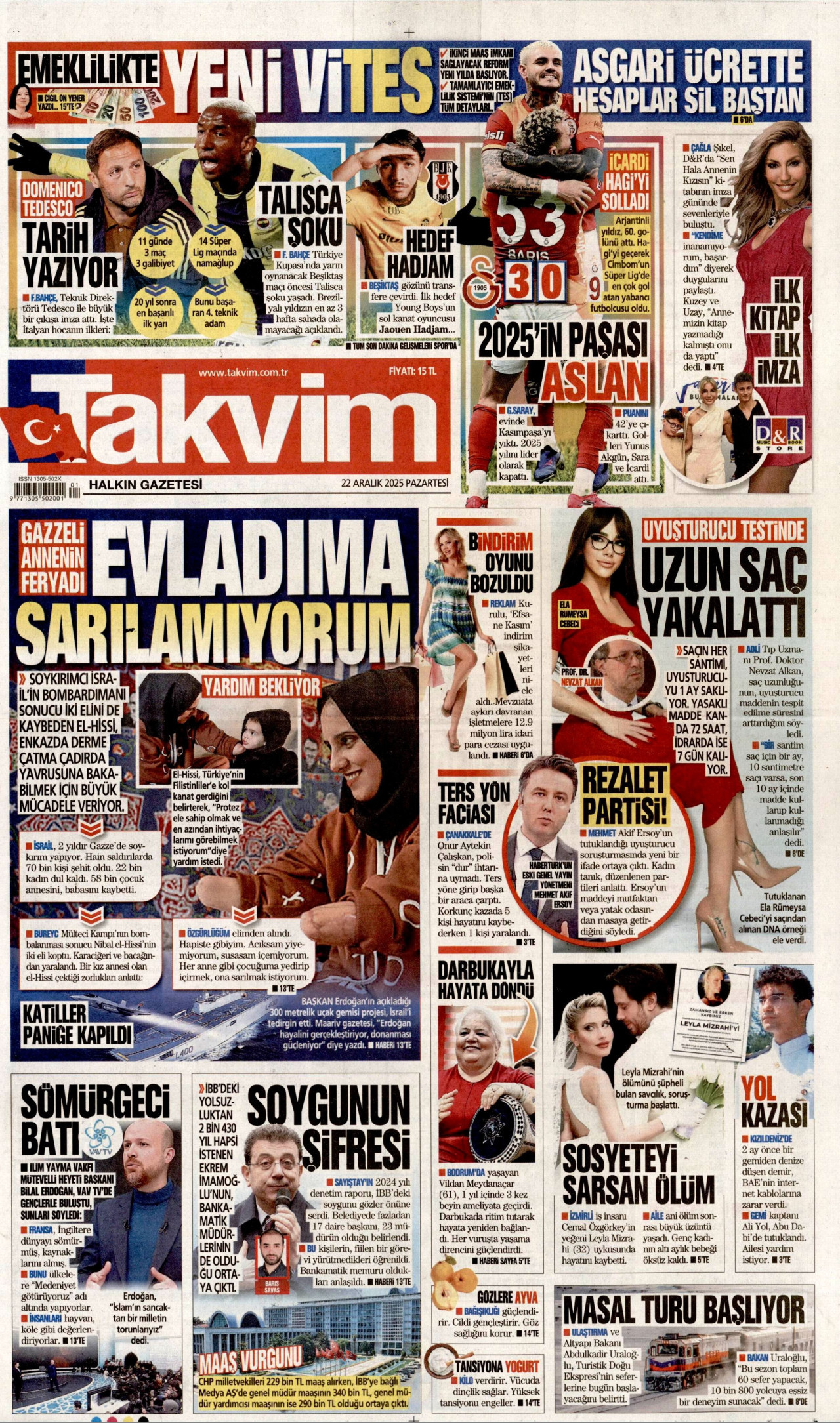 TAKVİM gazetesinin 22 Aralık 2025 tarihli birinci sayfası