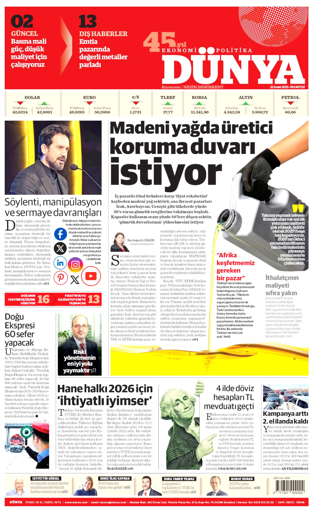 DÜNYA gazetesinin 22 Aralık 2025 tarihli birinci sayfası
