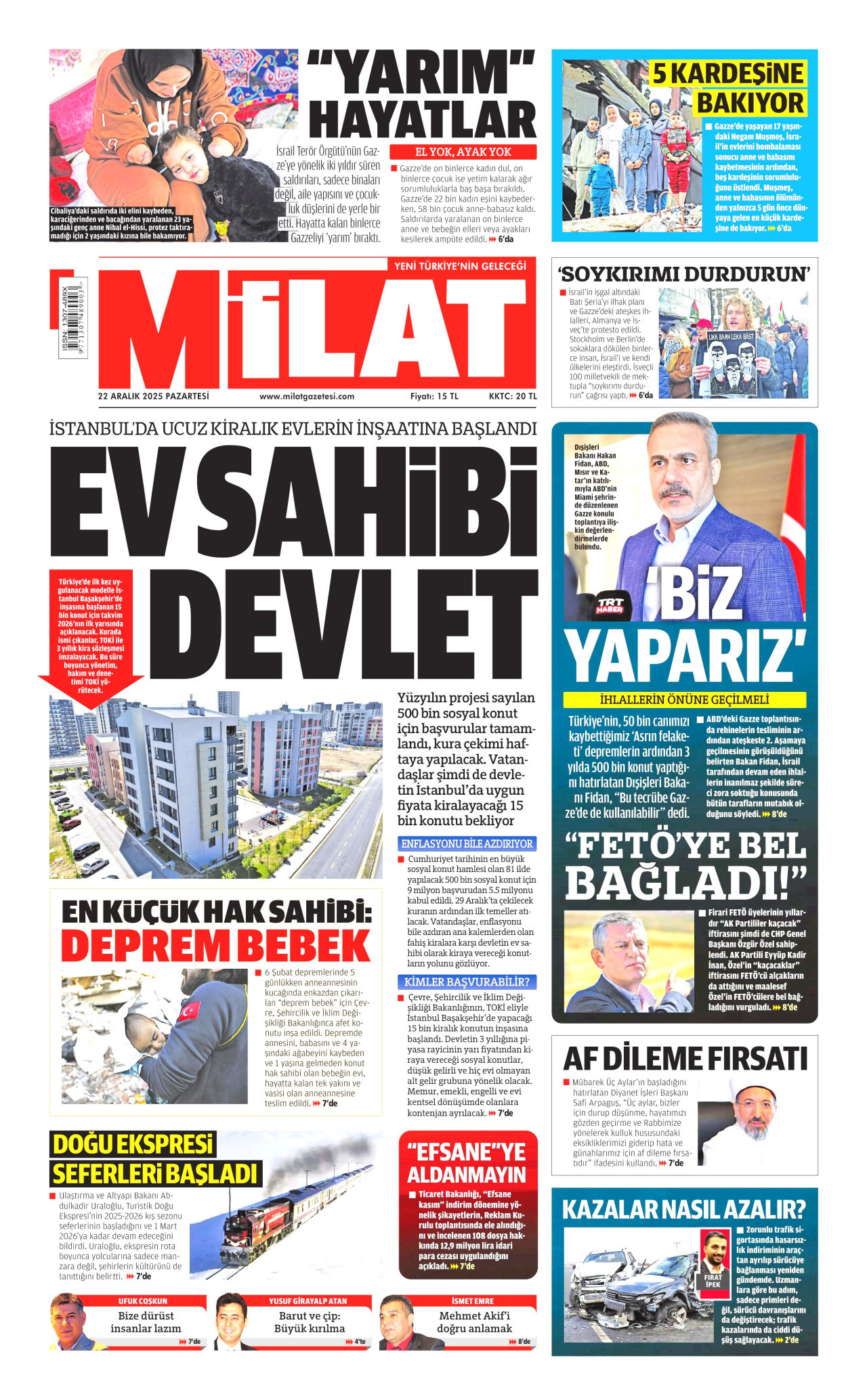 MİLAT gazetesinin 22 Aralık 2025 tarihli birinci sayfası