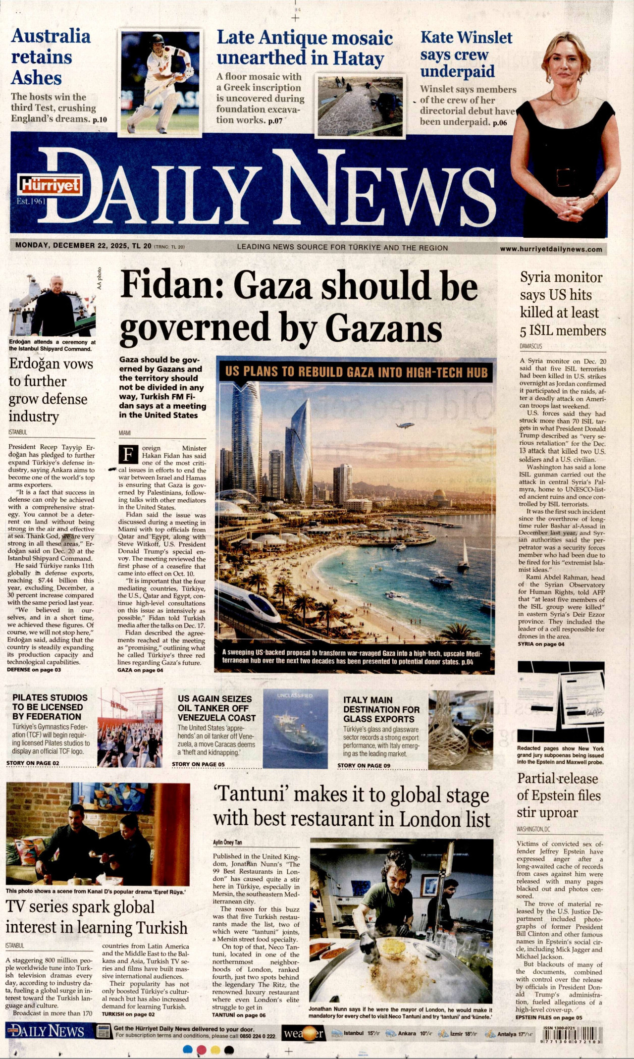 HÜRRİYET DAİLY NEWS gazetesinin 22 Aralık 2025 tarihli birinci sayfası
