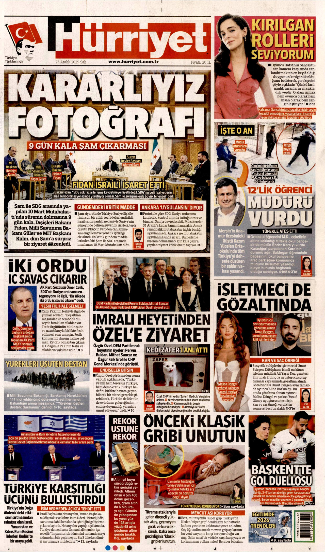 HÜRRİYET gazetesinin 23 Aralık 2025 tarihli birinci sayfası