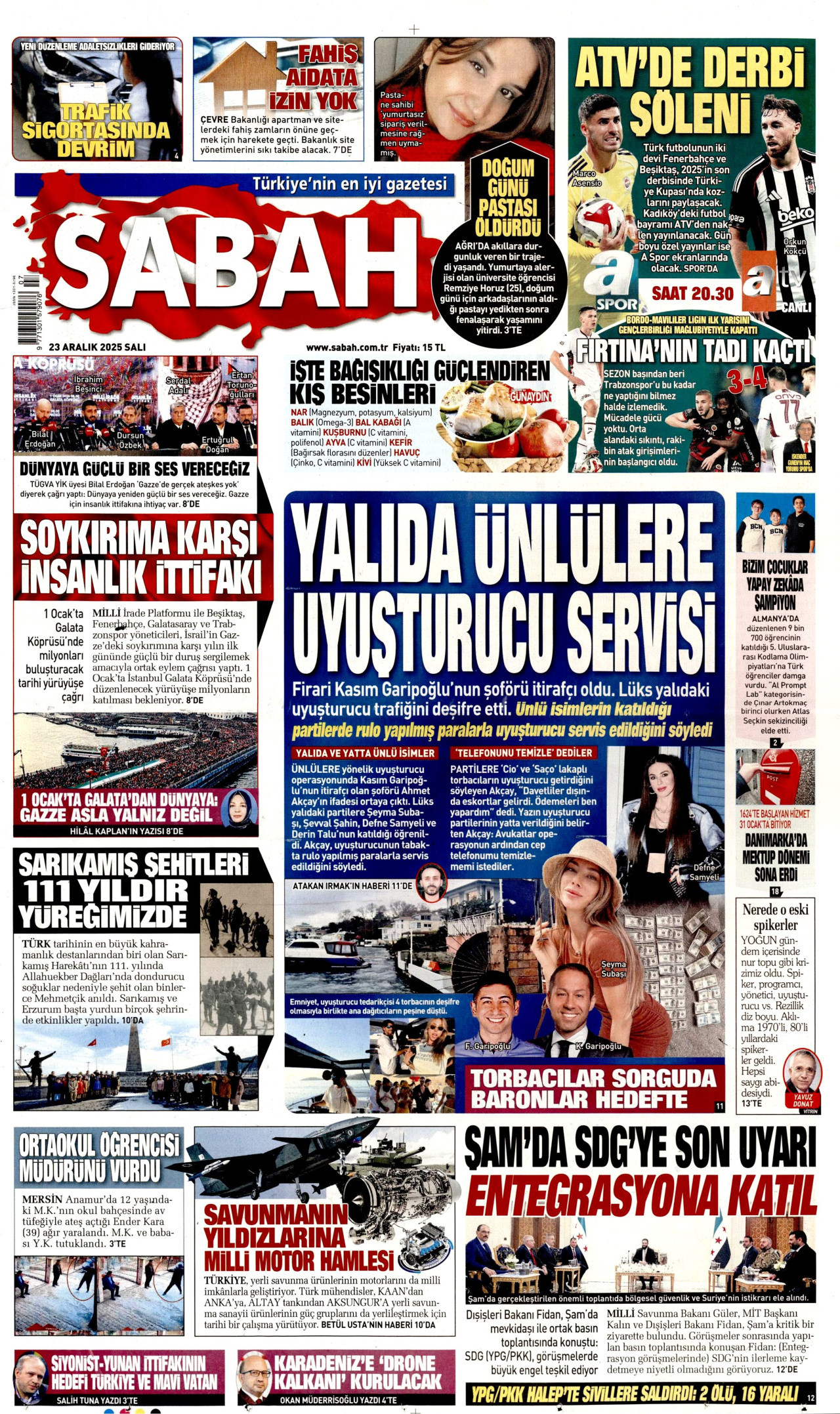 SABAH gazetesinin 23 Aralık 2025 tarihli birinci sayfası