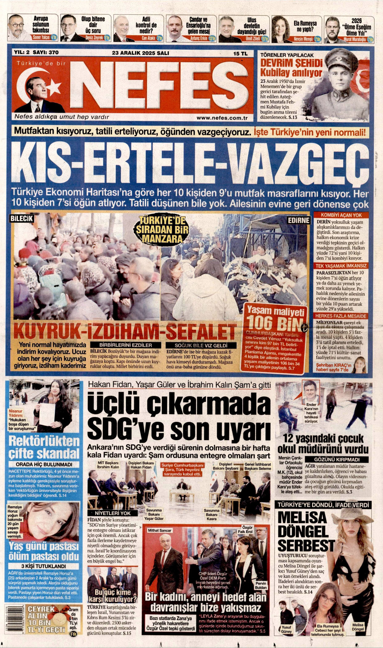 NEFES gazetesinin 23 Aralık 2025 tarihli birinci sayfası