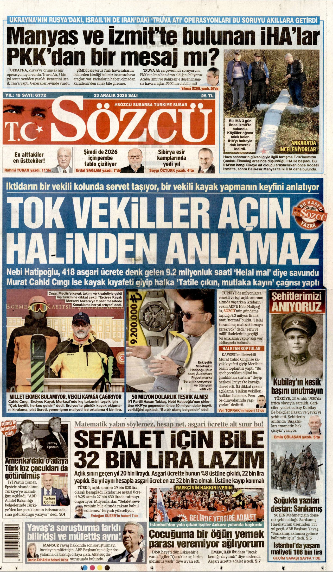 SÖZCÜ gazetesinin 23 Aralık 2025 tarihli birinci sayfası
