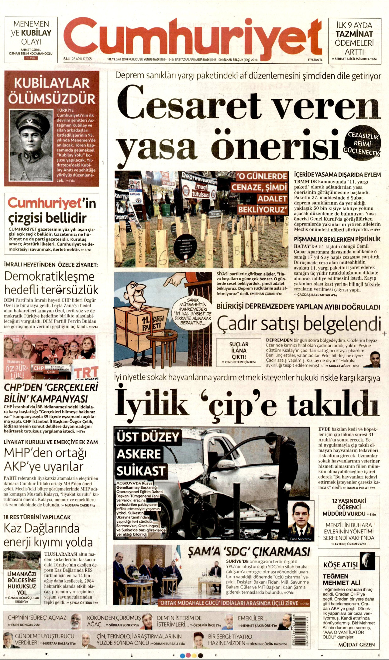 CUMHURİYET gazetesinin 23 Aralık 2025 tarihli birinci sayfası