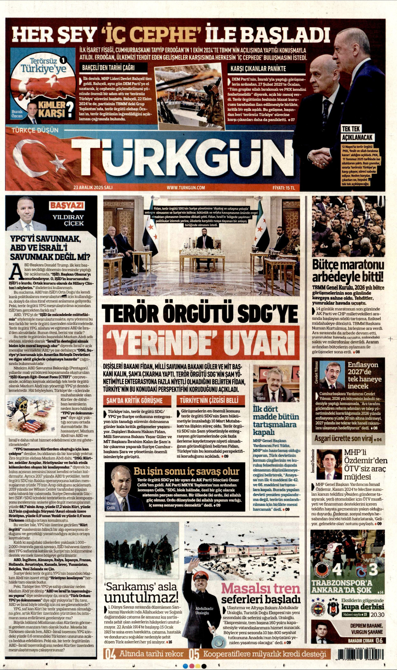 TÜRKGÜN gazetesinin 23 Aralık 2025 tarihli birinci sayfası