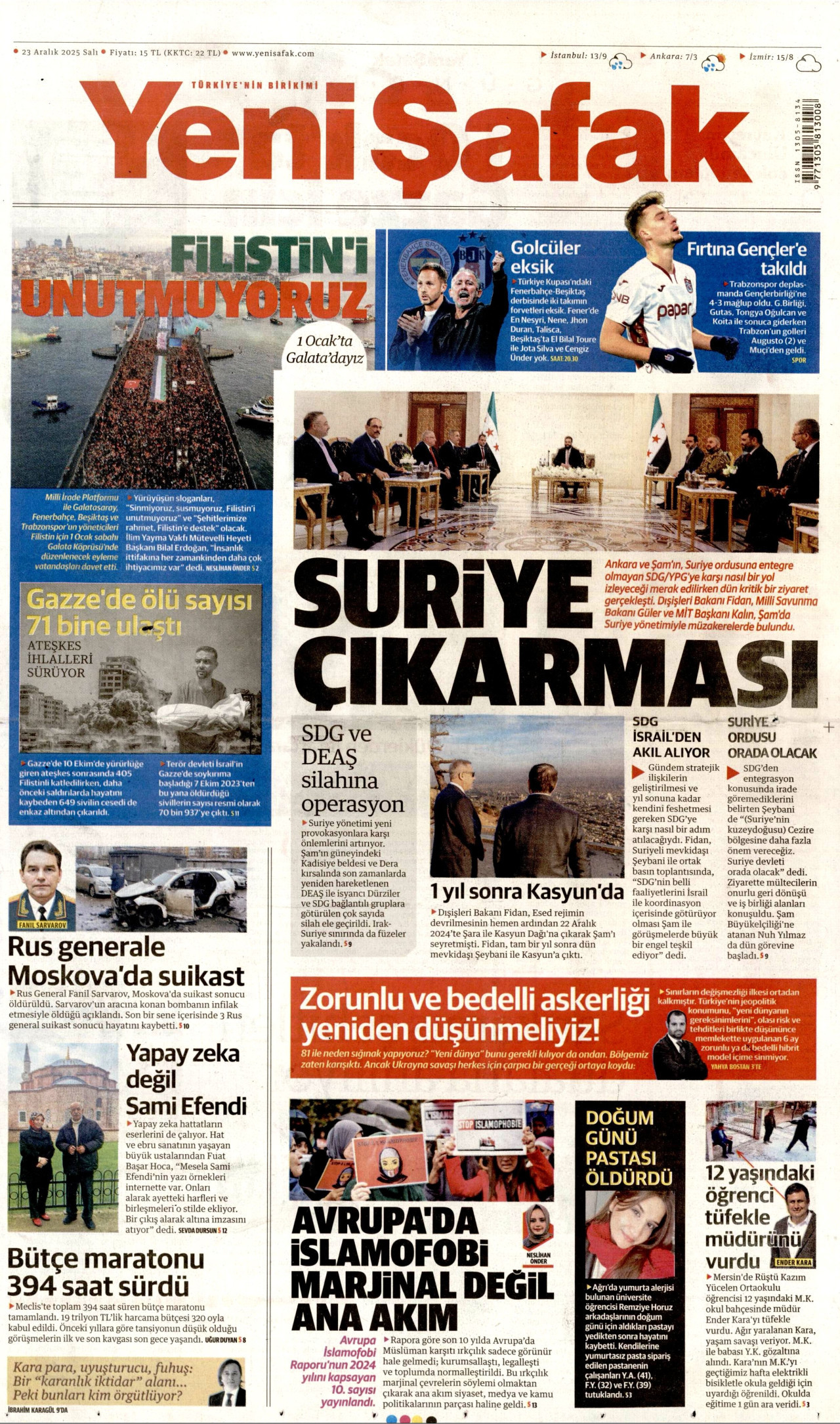 YENİ ŞAFAK gazetesinin 23 Aralık 2025 tarihli birinci sayfası